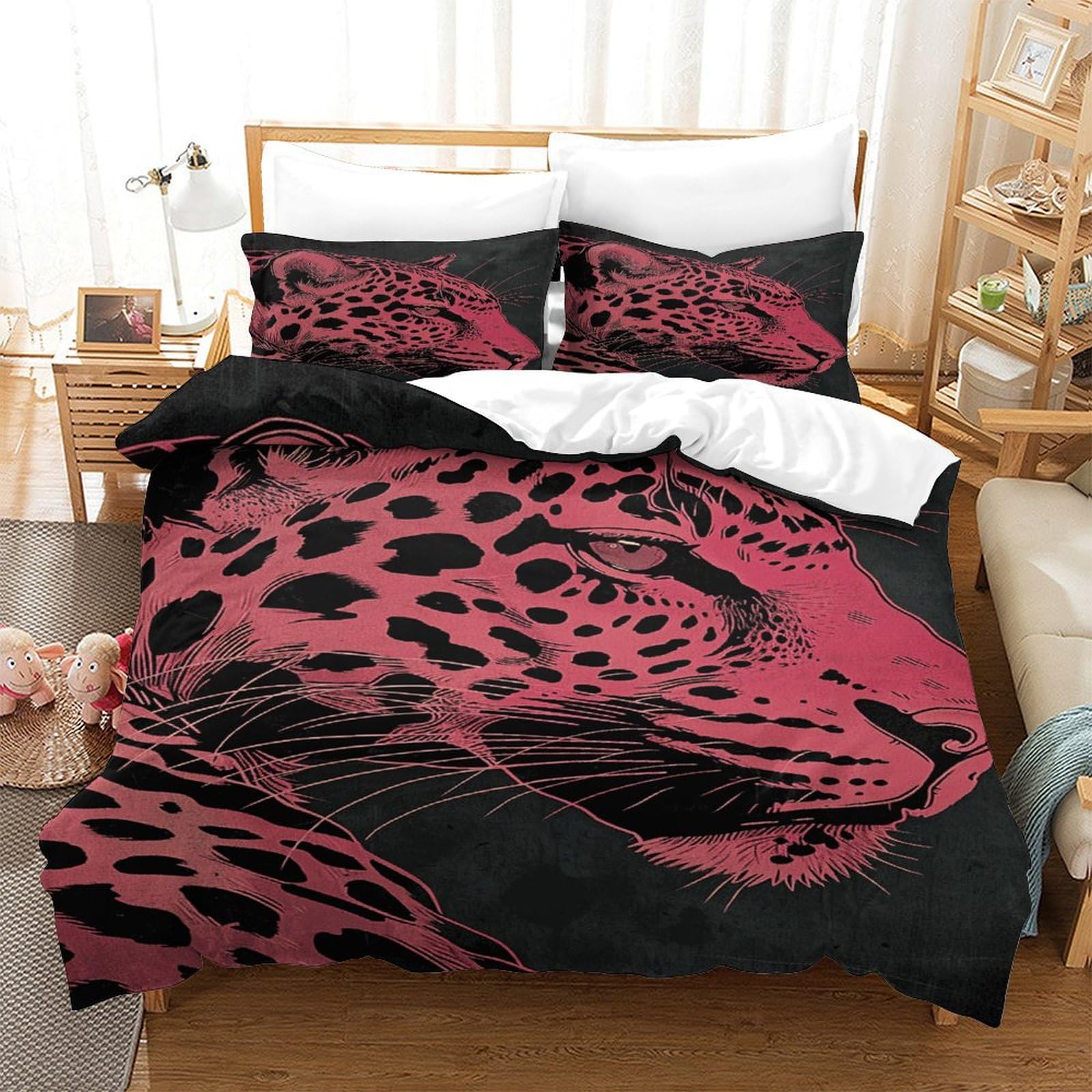 P1s9u7w5y Pink Jaguar Trendy Leopard 3D Printed Duvet Cover Set 3Pcs Microfiber Panther Bedding Set Double（200X200cm）
