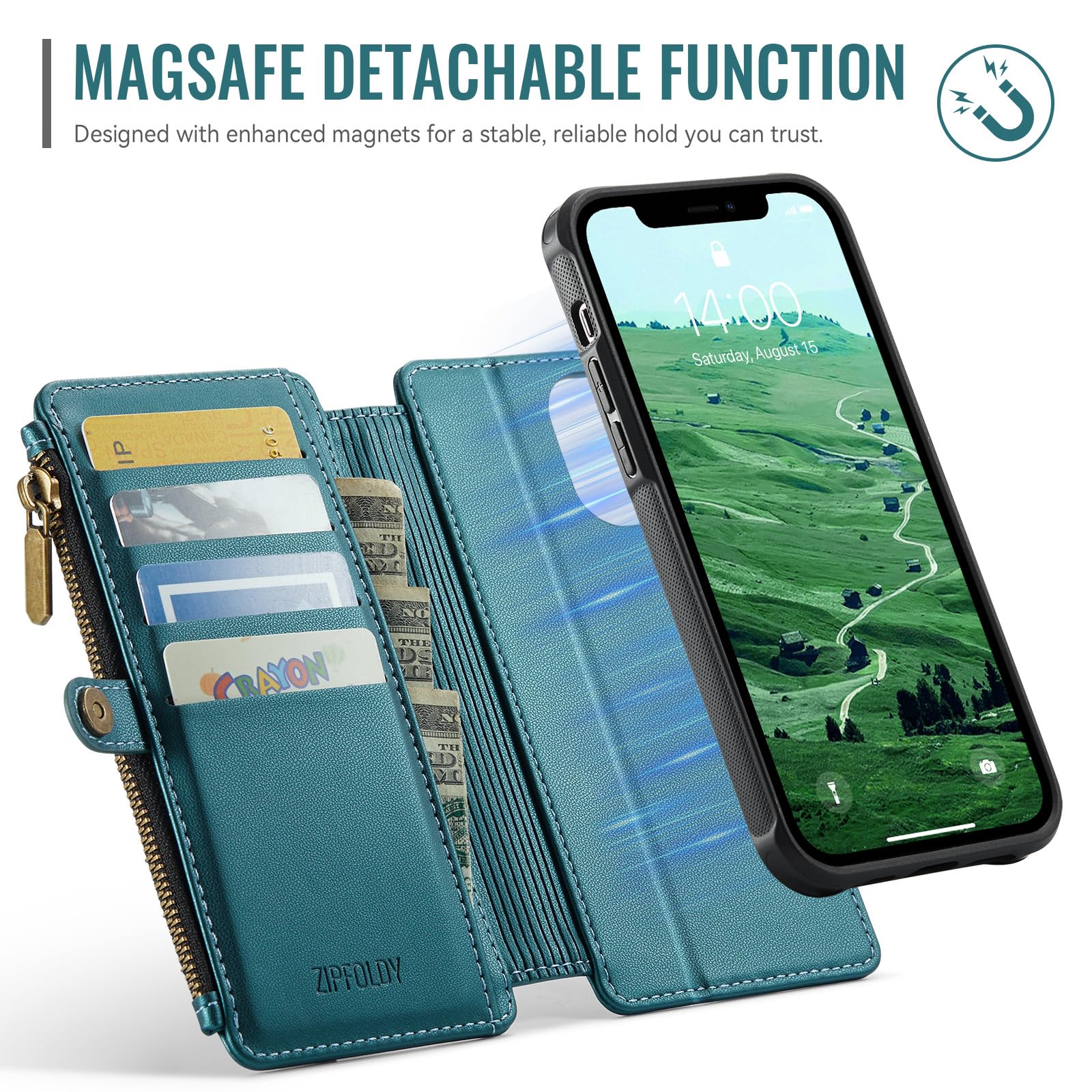 per iPhone 11 - Custodia a portafoglio magnetica staccabile | Compatibile con Magsafe, porta carte di credito con blocco RFID, tasca con cerniera, cinturino da polso