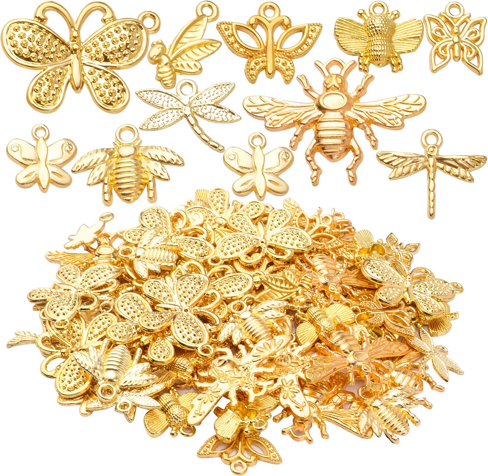 100pcs Gold Plated Mixed Butterfly Dragonfly Honeybee Charms Alloy Insect Dangle Pendants Craft Supplies for DIY Necklace Bracelet Jewelry Making Findings Accessory, 10 Styles