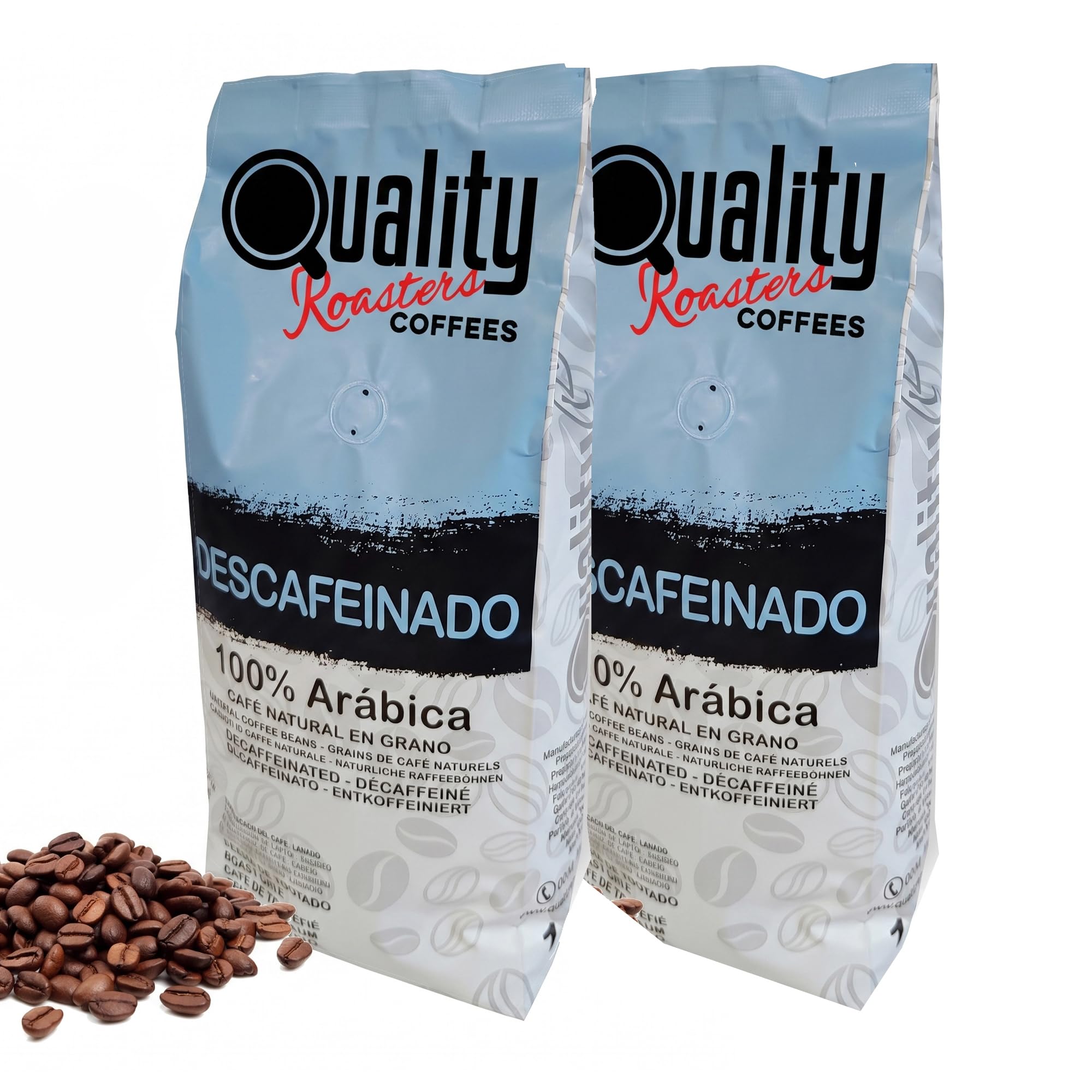Quality Roasters. Café en grano natural. Descafeinado. 100% Arábica. Tueste Medio. Tostado artesano. (2 Kg, Tostado clásico)