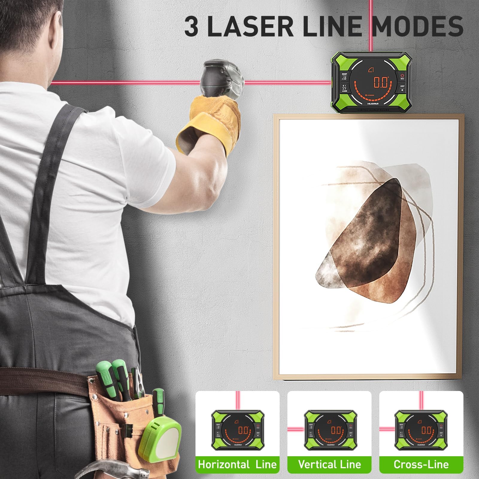 Digitaler Winkelmesser, Huepar 3-in-1 Digital LCD Neigungsmesser mit Laser Nivellierungs Funktion, Winkelmessgerät Inklinometer mit Laser, Bevel Box Winkelmessgerät Wasserwaage, IP54 Wasserdicht
