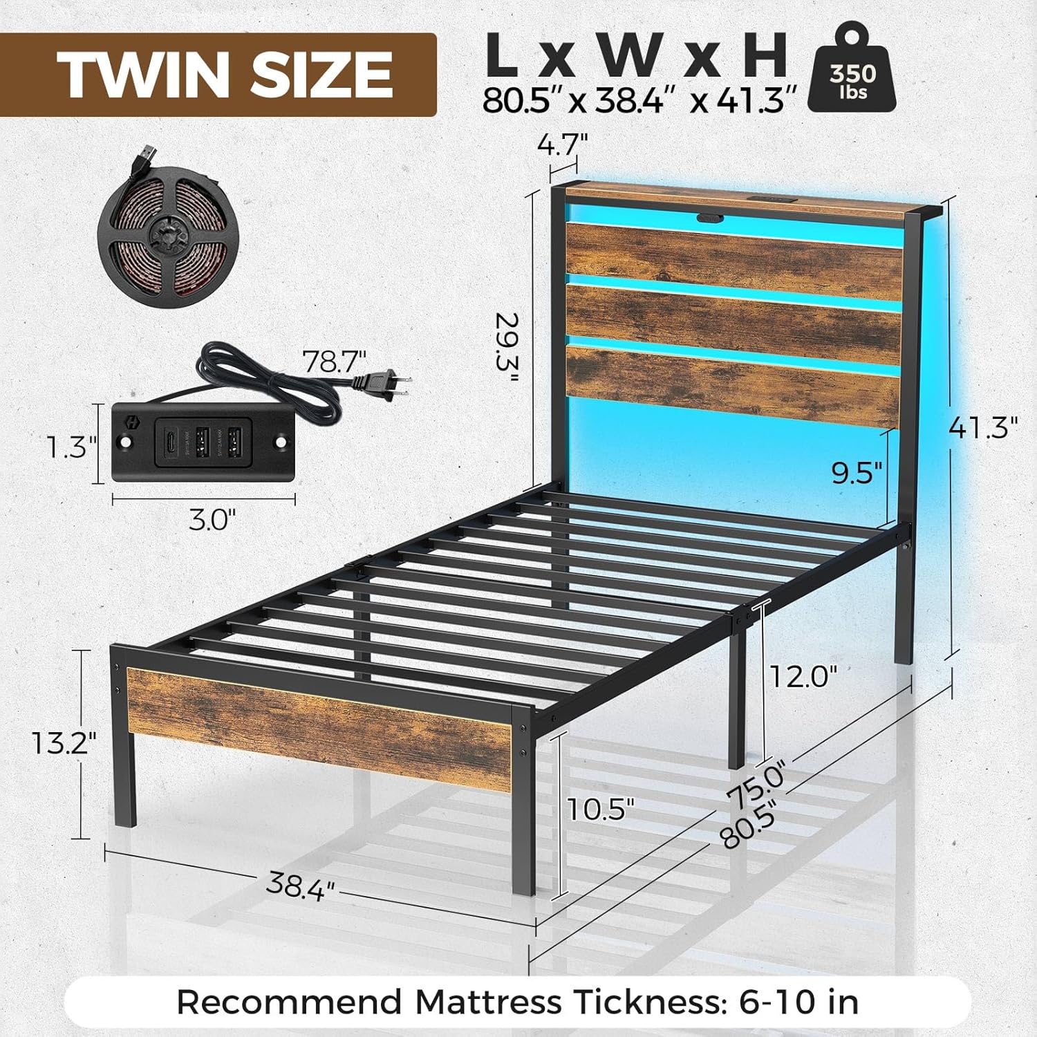 Rolanstar Bed Frame Twin Size with USB Charging Station, LED Bed Frame with Wood Storage Headboard, Rustic Brown Metal Platform Bed with Under Bed Storage, No Box Spring Needed, Noise Free - Image 2