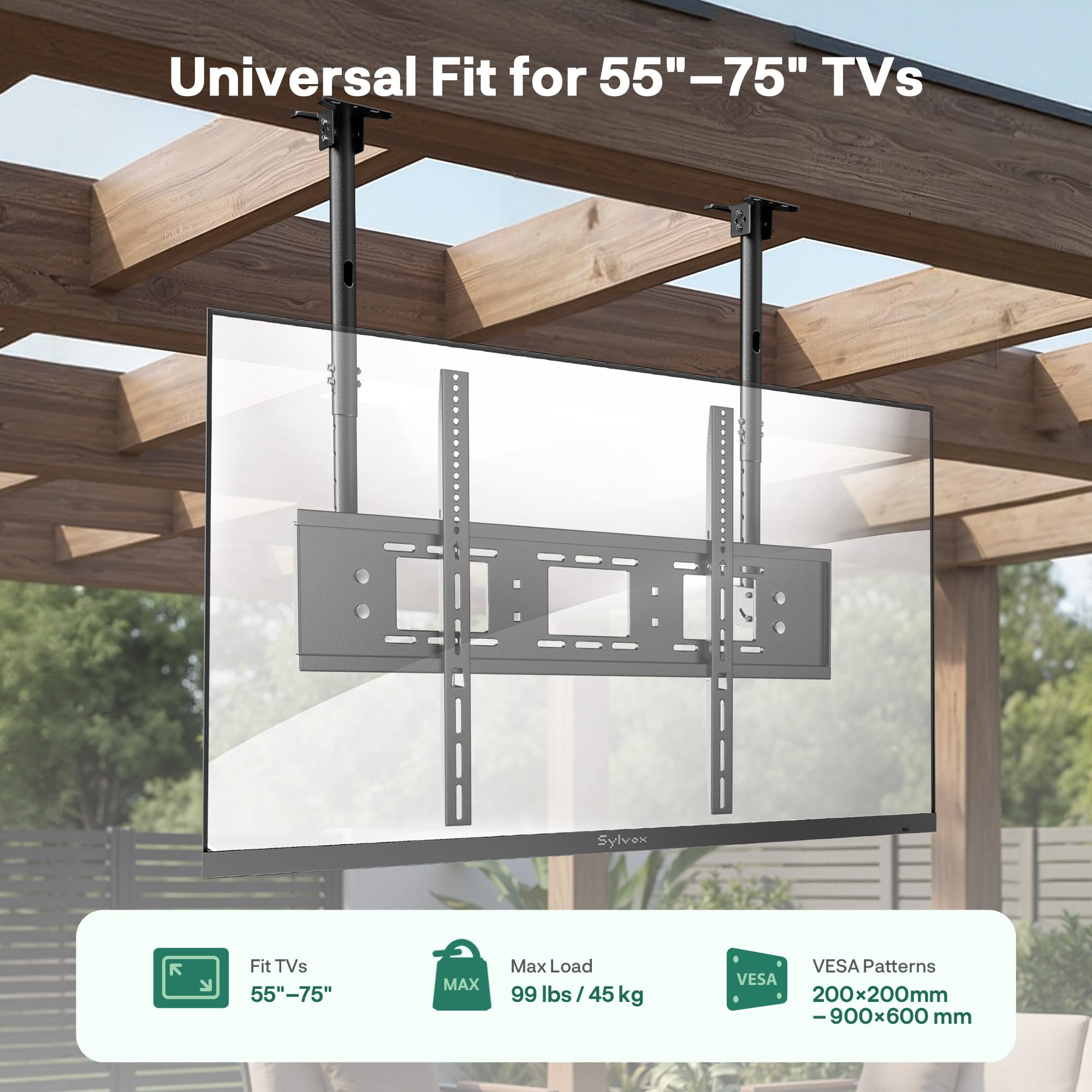 SYLVOX Soporte de techo con doble barra para televisor LED CD OLED de 55 a 75 pulgadas, máx. VESA 900 x 600 mm, soporta hasta 45 kg, ajuste de altura completa, soporte de techo para TV