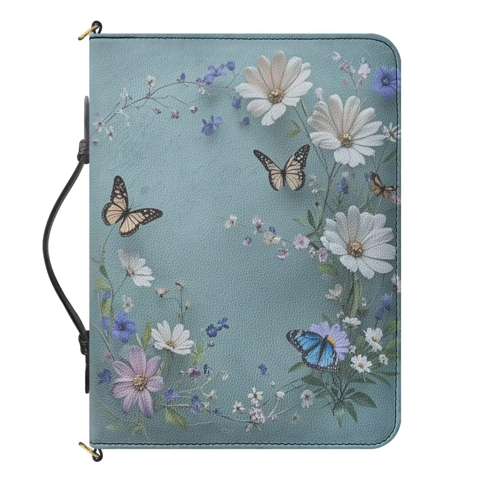 Urndoeng Blue Bible Covers for Women, Butterfly Daisy Print Bible Case with Handle PU Leather Biblia Protecto with Inner Pockets Christian Gifts for Women — image 1