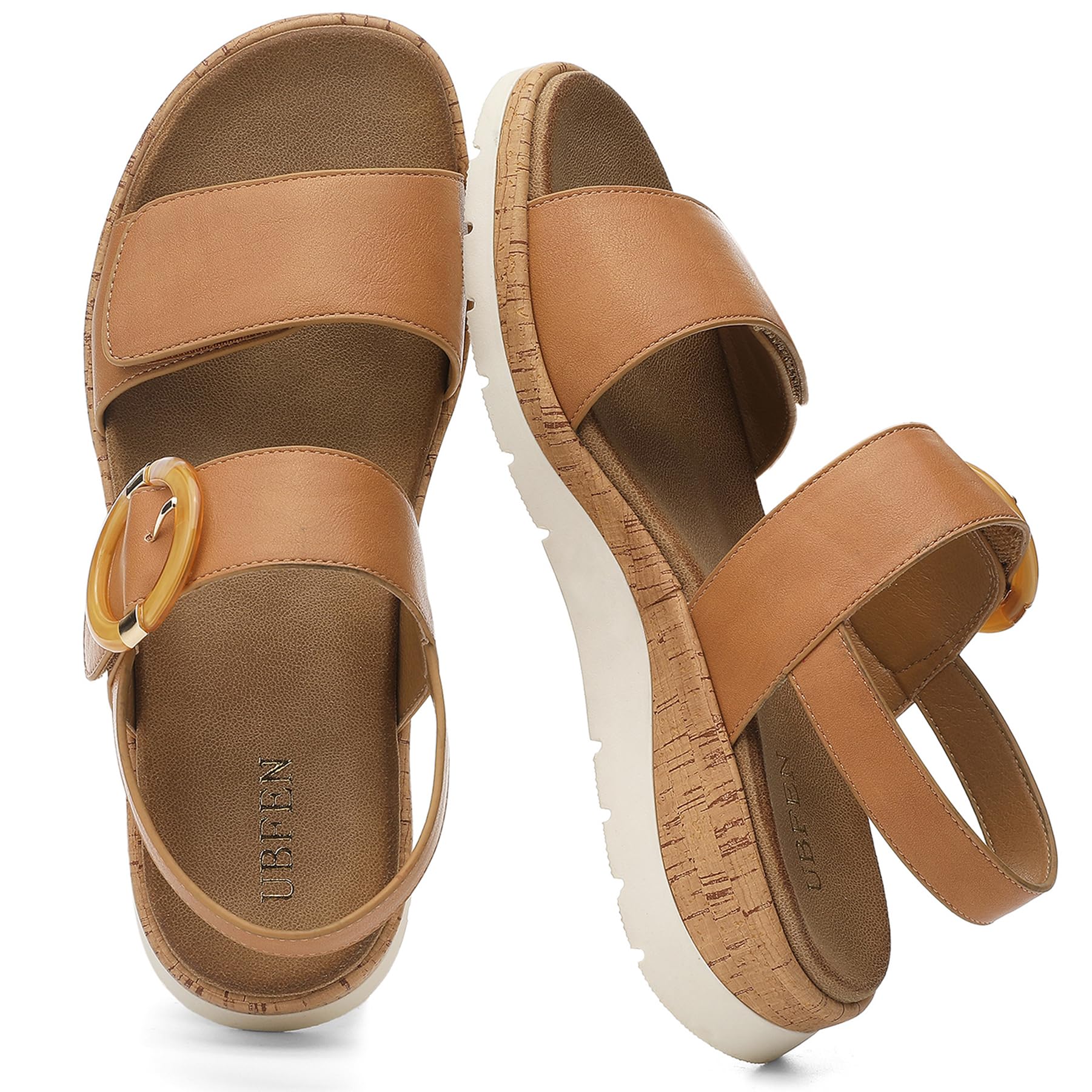 UBFEN Womens Flat Sandals Arch Support Open Toe Walking Comfy Casual Low Wedge Summer Shoes Brown Size 8