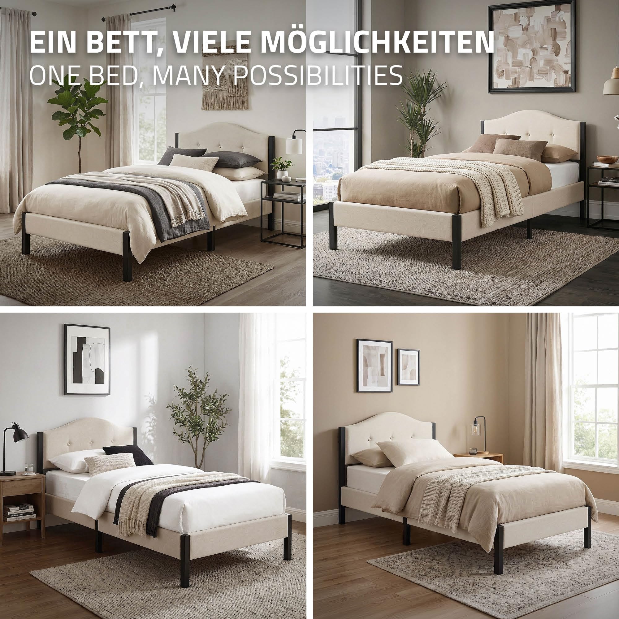 ML-Design Letto 90x200 cm, Giroletto Singolo, Struttura Robusta, Testiera Imbottita e Rete a Doghe, Telaio in Acciaio e Tessuto di Lino, Beige, Spazio di Archiviazione Sotto il Letto, per Cameretta