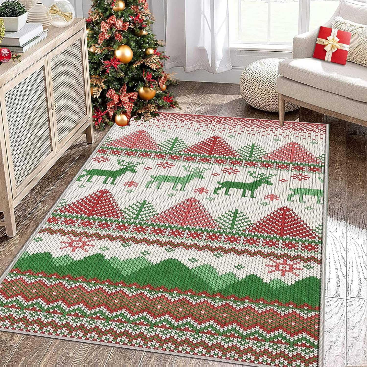 Alfombra Grande Salon con Diseño de árboles de Navidad y Renos Alfombra de Cocina Antideslizante Lavable Navideñas Alfombra Navidad de Decoración para Salon Entrada Cocina Baño,80x120cm