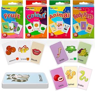 Koyigo Kids Flash Cards Set, 4 Pack Flash Cards for Toddlers Educational, 144 Pieces Preschool Learning Flash Cards with Animal Fruit Body Parts and Colors for Toddlers Age 2 3 4 5 Baby Cards