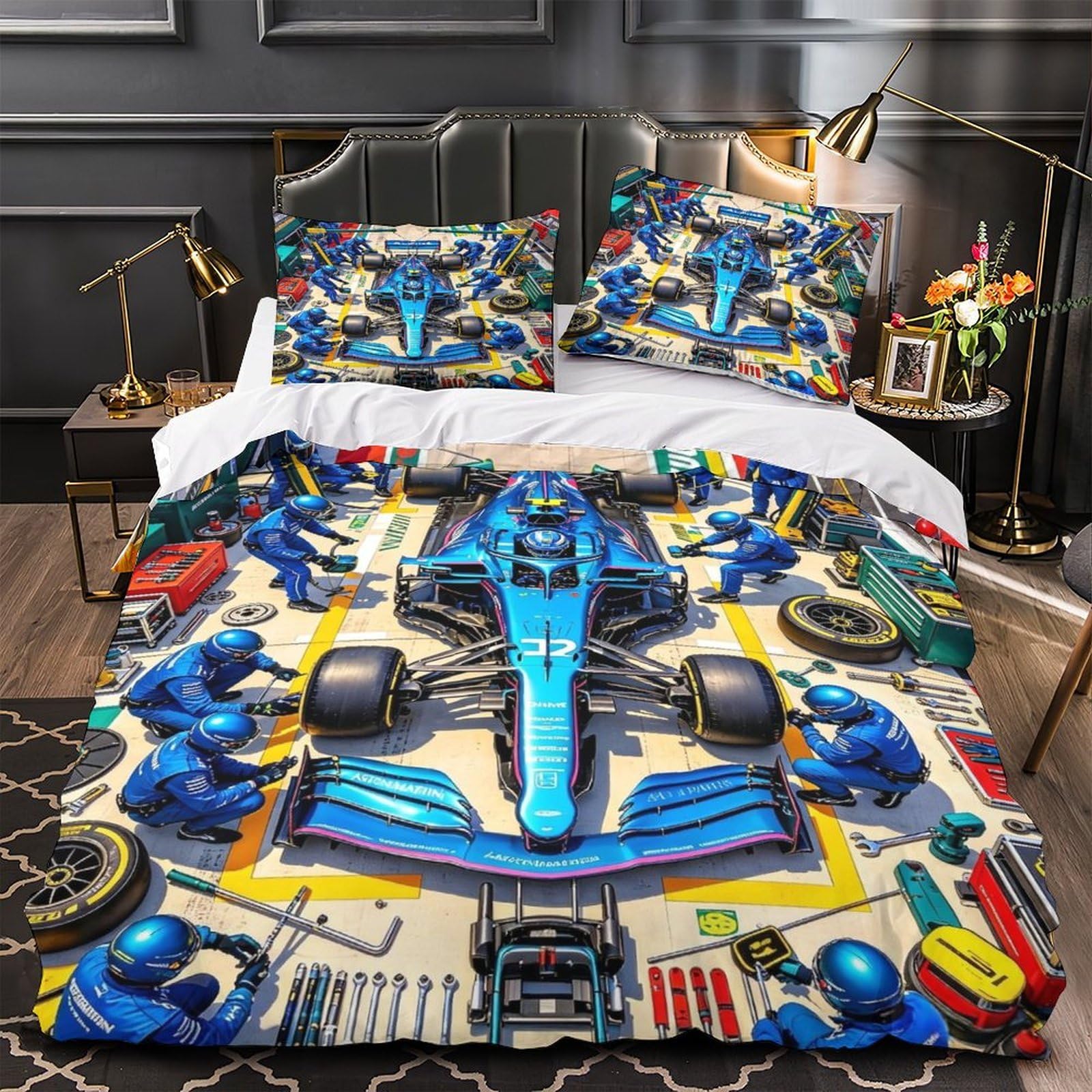 DAFUfbw Breathable Double（200x200cm） Formulaa Racing Quilt Cover Set With Hidden Zipper, Pit Stop Duvet Cover Set with Pillowcases Bedding Set Soft Microfiber