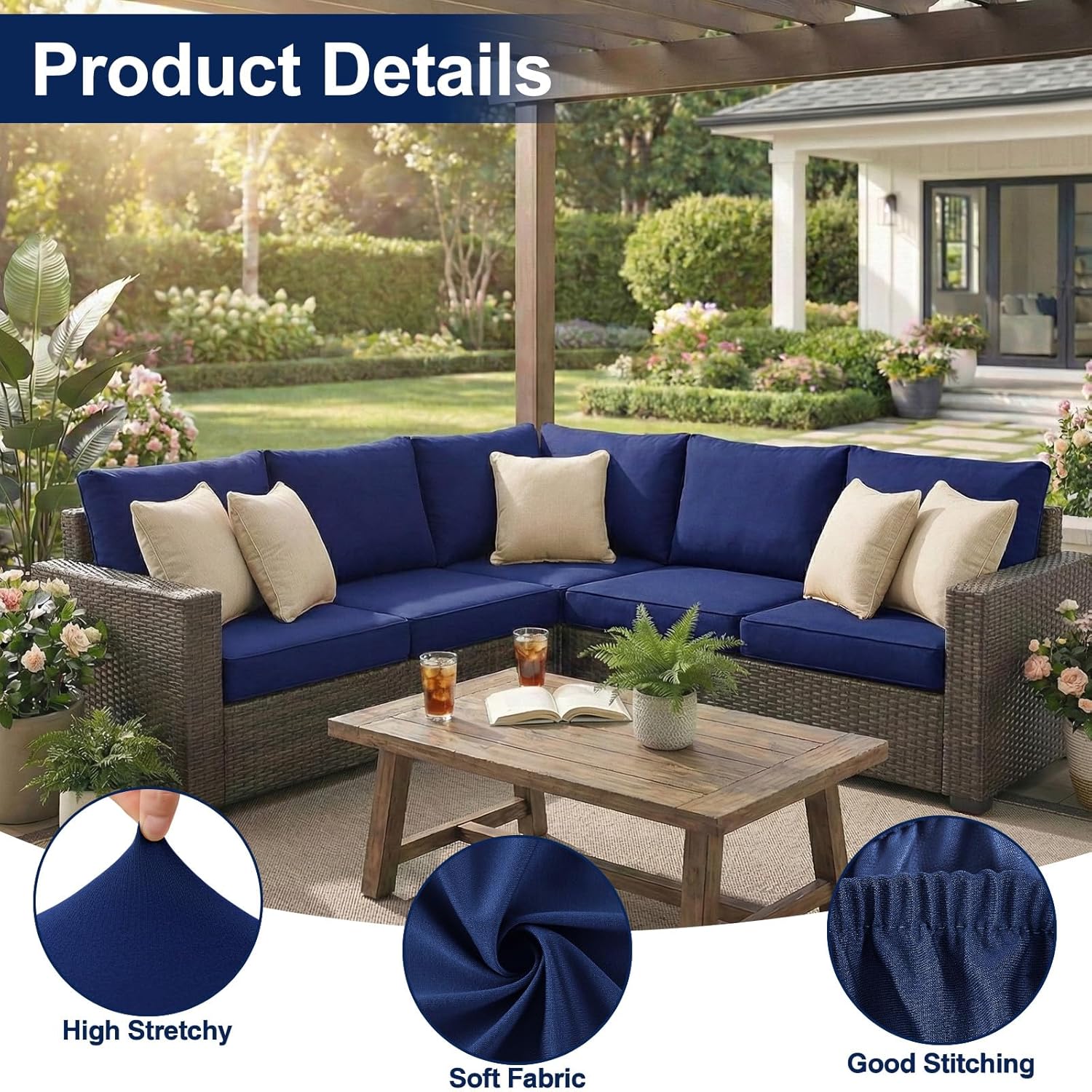 Smiry Waterproof Patio Cushion Covers, Stretch Outdoor Couch Slipcovers Replacement Washable Furniture Protector Sofa Chair Seat Cover for Dogs Pets (4 Pcs, Navy Blue)