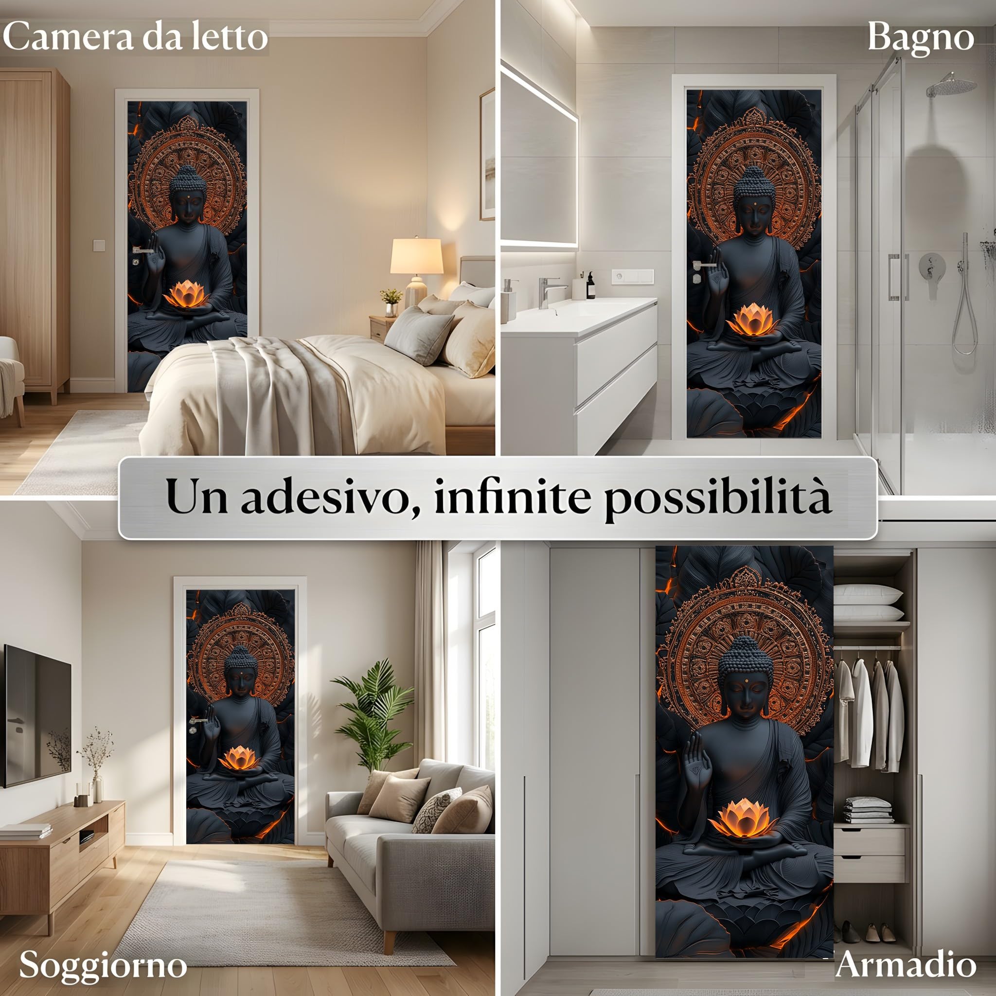 Buddha Asiatico Pellicola Decorativa per Porte InterneLoto 100x200 cm | per Meditazione Poster Muro e Adesivi da Parete 3D, Aureola Mandala Carta Adesiva per Protezione Mobili, Lavabile