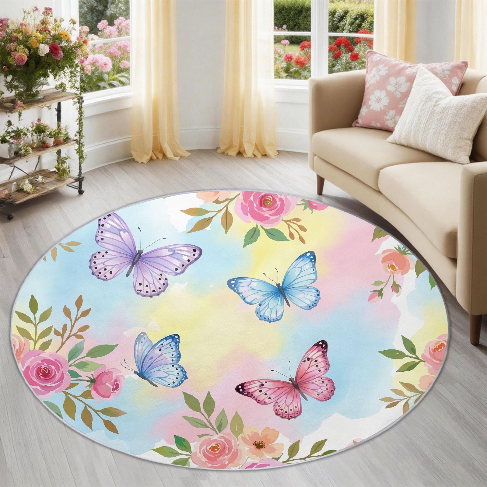 Alfombra redonda de 100 cm con diseño floral de insectos, acuarelas, mariposas y flores para habitación de los niños, alfombra lavable para bebés, niños y niñas, alfombra de suelo, antideslizante
