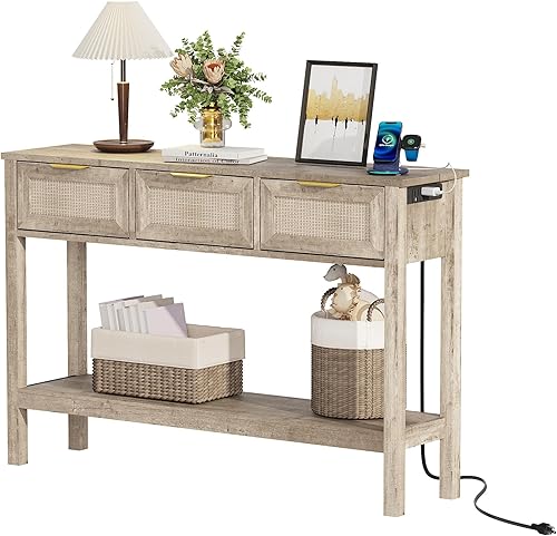 Mesa de entrada bohemia, mesa consola de ratán, consola de entrada de madera, mesa de pasillo larga con 3 cajones y estante abierto para sala de