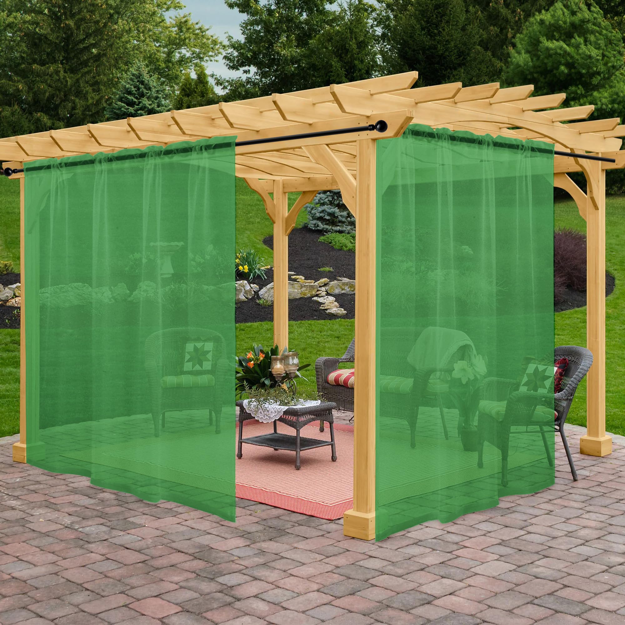 Awnmeow Outdoor Sheer Curtains for Patio Waterproof, 2 Panels Rod Pocket Indoor/Outdoor Voile Green Sheer Curtain for Pergola, Porch, Cabana and Gazebo, Green 100 x 95 Inch