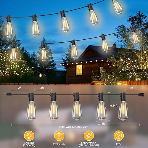 Miniatura 2 de ST40 - Tira de luces LED para exteriores de 25 pies con 12+1 bombillas inastillables, enchufe E17, blanco cálido de 2700 K, resistente a la