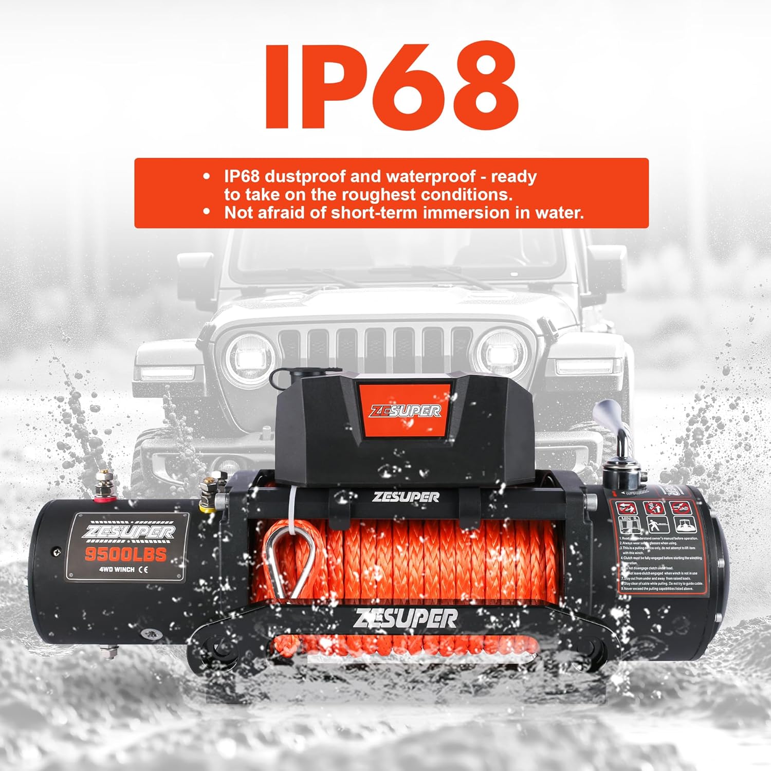 ZESUPER 9500 lb Load Capacity Electric Winch,12V Waterproof IP68 Winch with Wireless Handheld Remotes, Wired Switch,Hawse Fairlead, 80ft Synthetic Rope Winches for Jeep Trailer Truck Off-Road Vehicle