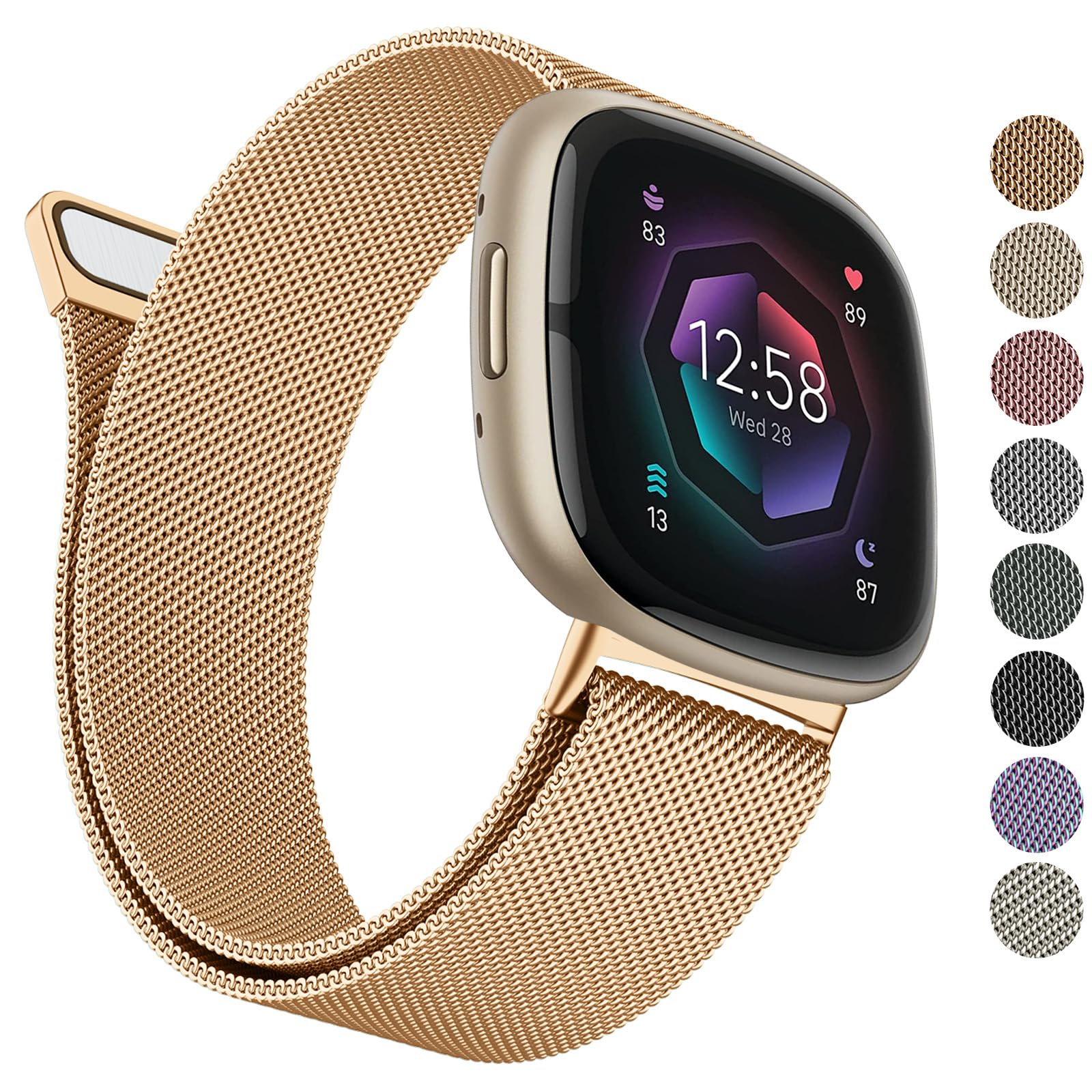 AK Metal Band Compatible with Fitbit Sense 2 / Sense & Versa 4 / Versa 3 Bands - Women & Men, Stainless Steel Mesh Loop Magnetic Replacement Bracelet Strap