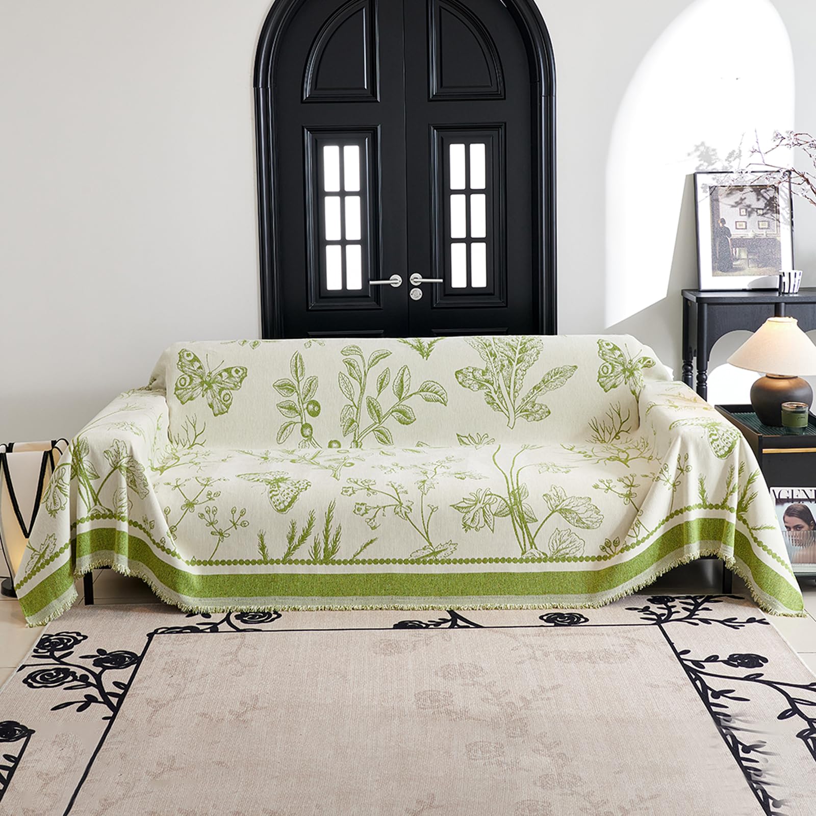 VanderHOME Soft Throws, Chenille Sofa Throw Blanket With Tassels, Multi-Purpose Blanket, Jacquard Patterned Settees Throw for Sofa, Armchair Beds 180 * 300cm-Green