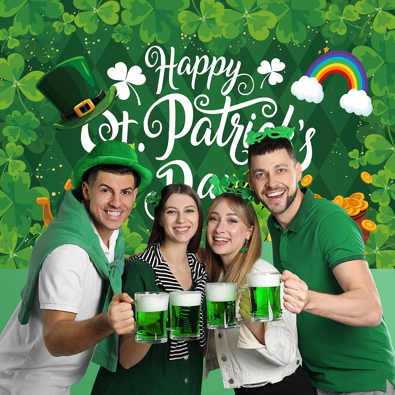ChloropLastid Fotohintergrund St. Patrick's Day – 3 X 2,4 M, Mit Kleeblättern, Münzen & Regenbogen, Für Party-Fotos