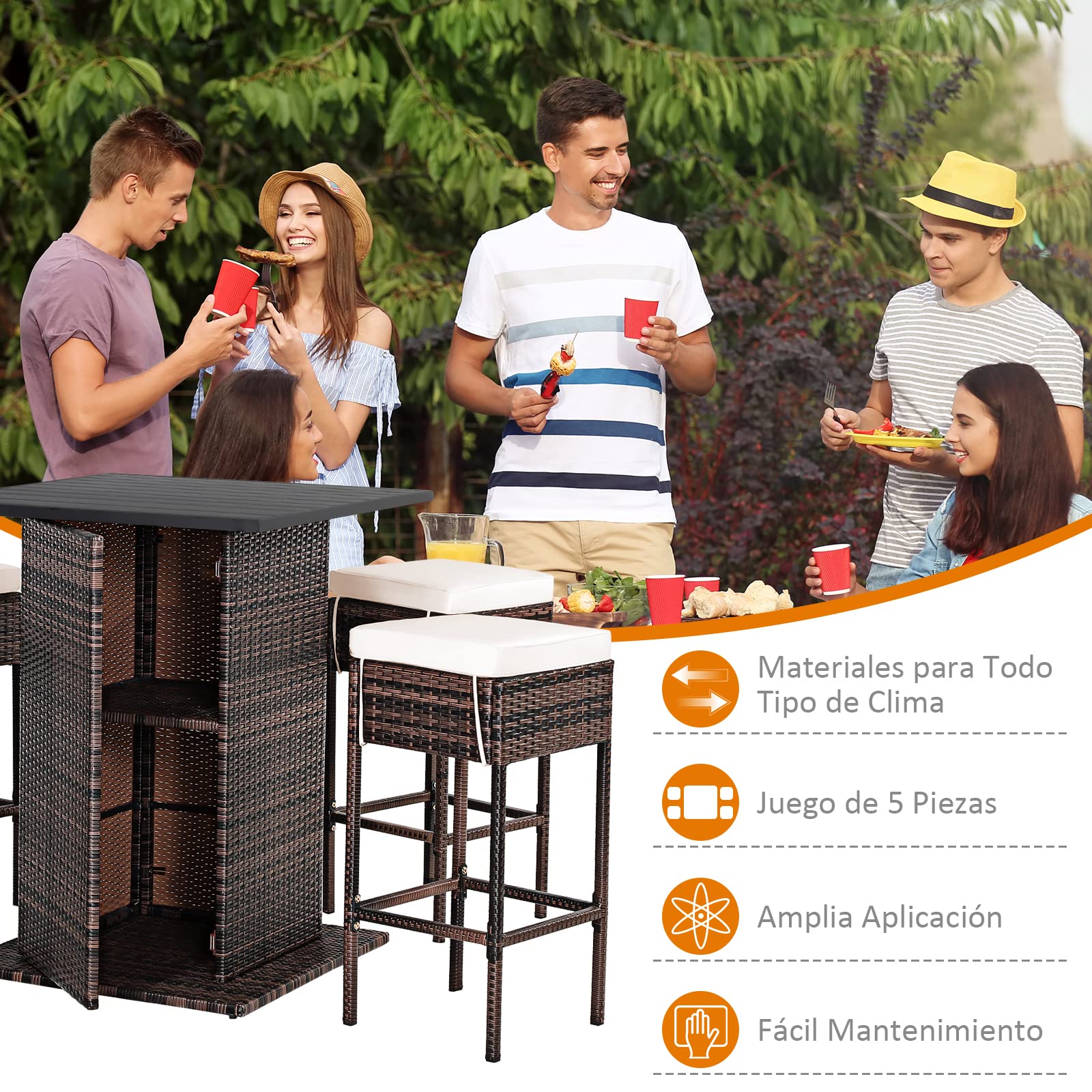 COSTWAY Juego de Bar de Mimbre para Exteriores de 5 Piezas, Mesas Altas y 4 Taburetes con Cojines, Mesa con Tapa Lisa y Estante de Almacenamiento Oculto