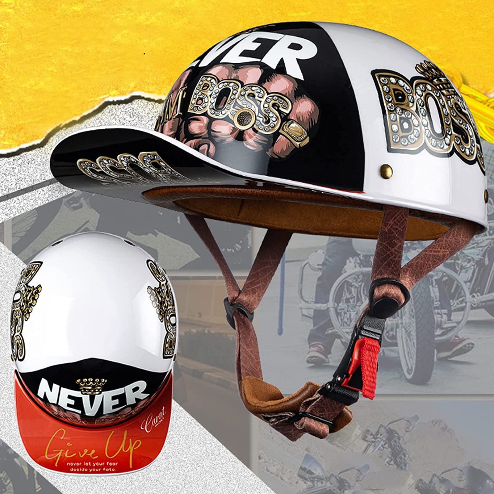 Casquette De Baseball Moto Casque Demi Vintage Casque Jet Demi Coque Mobylette Bols Casque Dot/ECE Homologué Pilote Casque De Scooter À Visage Ouvert pour Hommes Femmes B,2XL=63-64cm