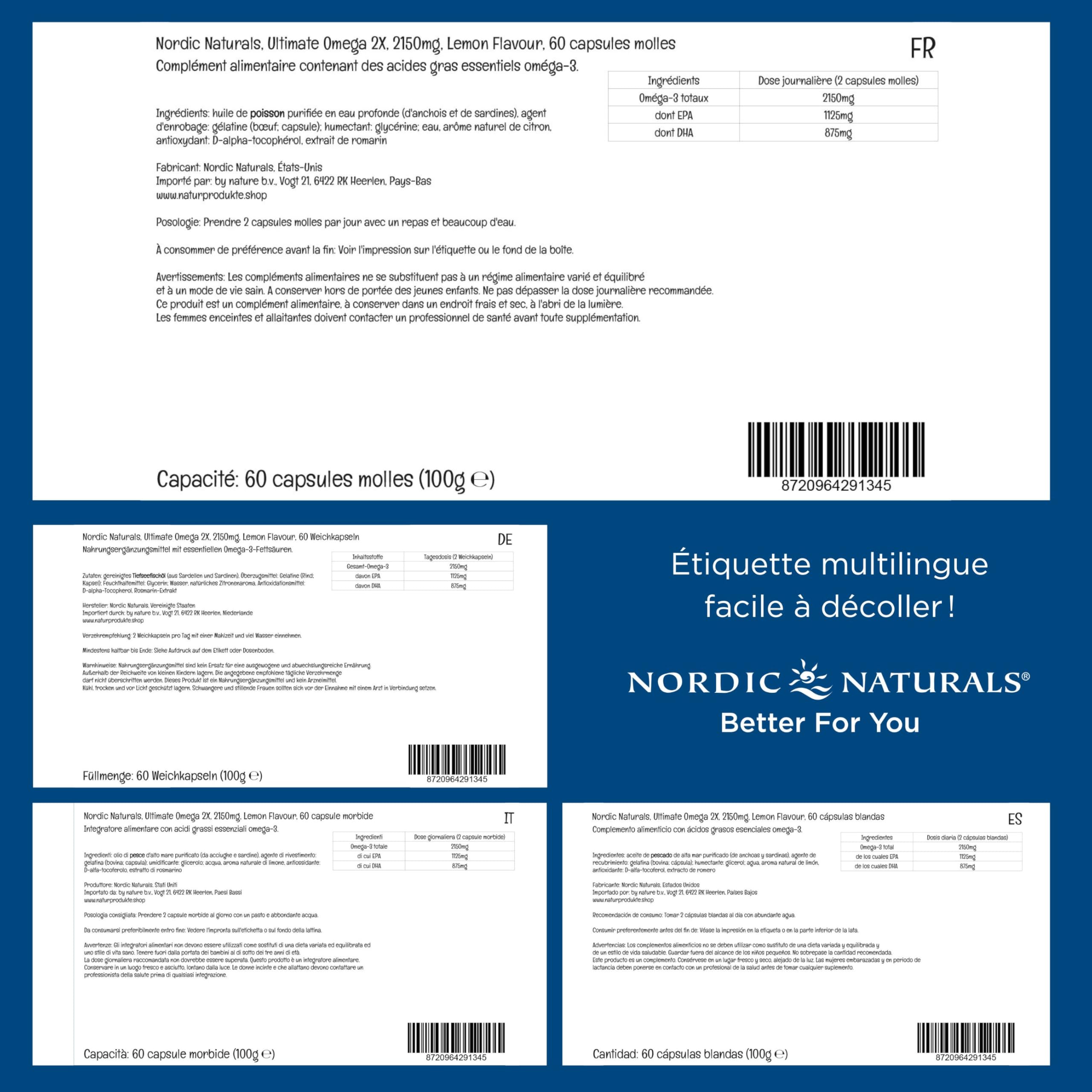 Nordic Naturals, Ultimate Omega 2X, 2150mg d'Oméga-3, Huile de Poisson avec EPA et DHA, 60 Capsules molles, Goût Citron, Testé en Laboratoire, Sans Soja, Sans Gluten, Sans OGM
