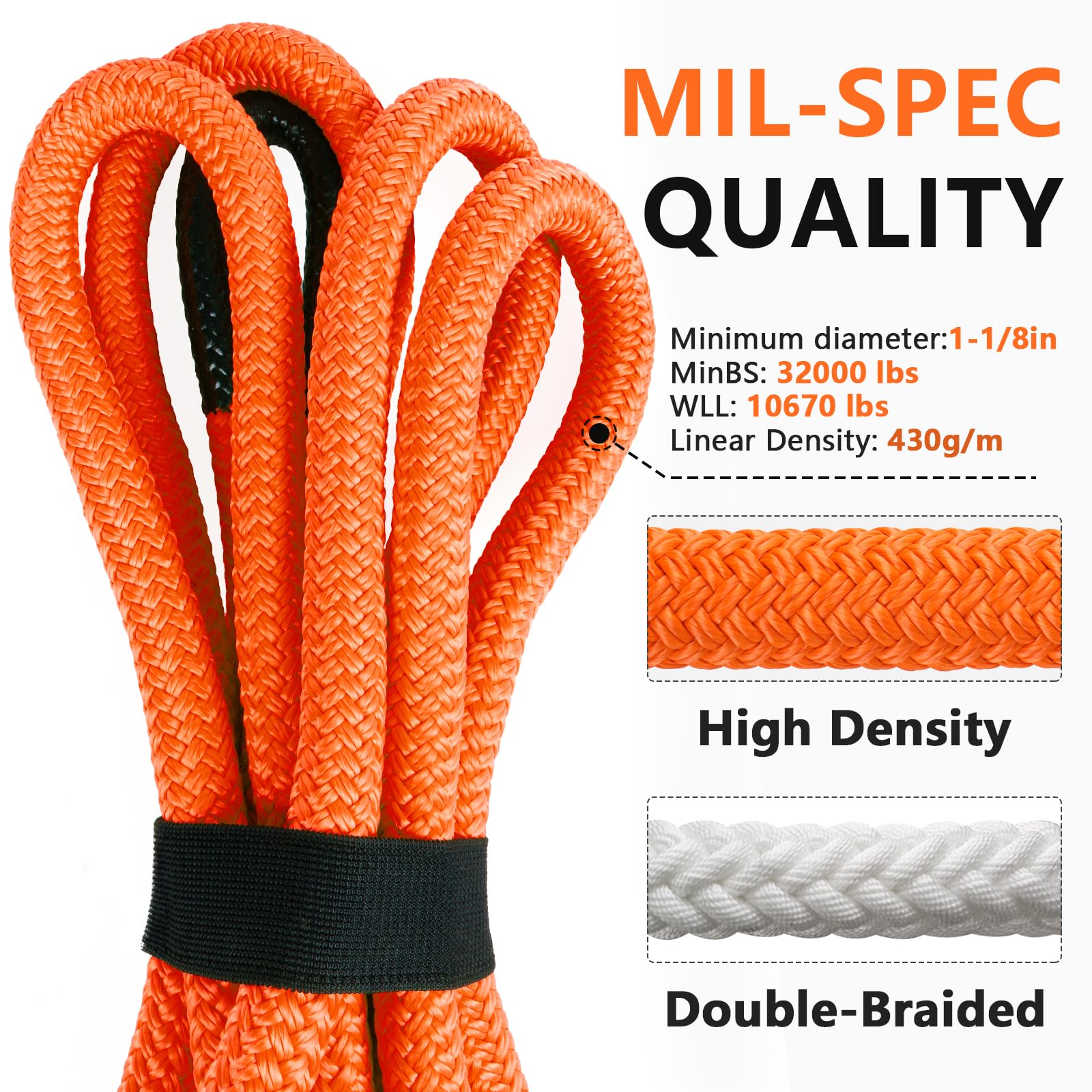 NTR Lina holownicza Kinetic Recovery 1-1/20.3 cm x 30' (17 kg), z 2 miękkimi szeklami UHMWPE (18,6 kg), wytrzymały pasek do zrywania terenowego, zestaw do odzyskiwania pojazdu do samochodów jeepa,