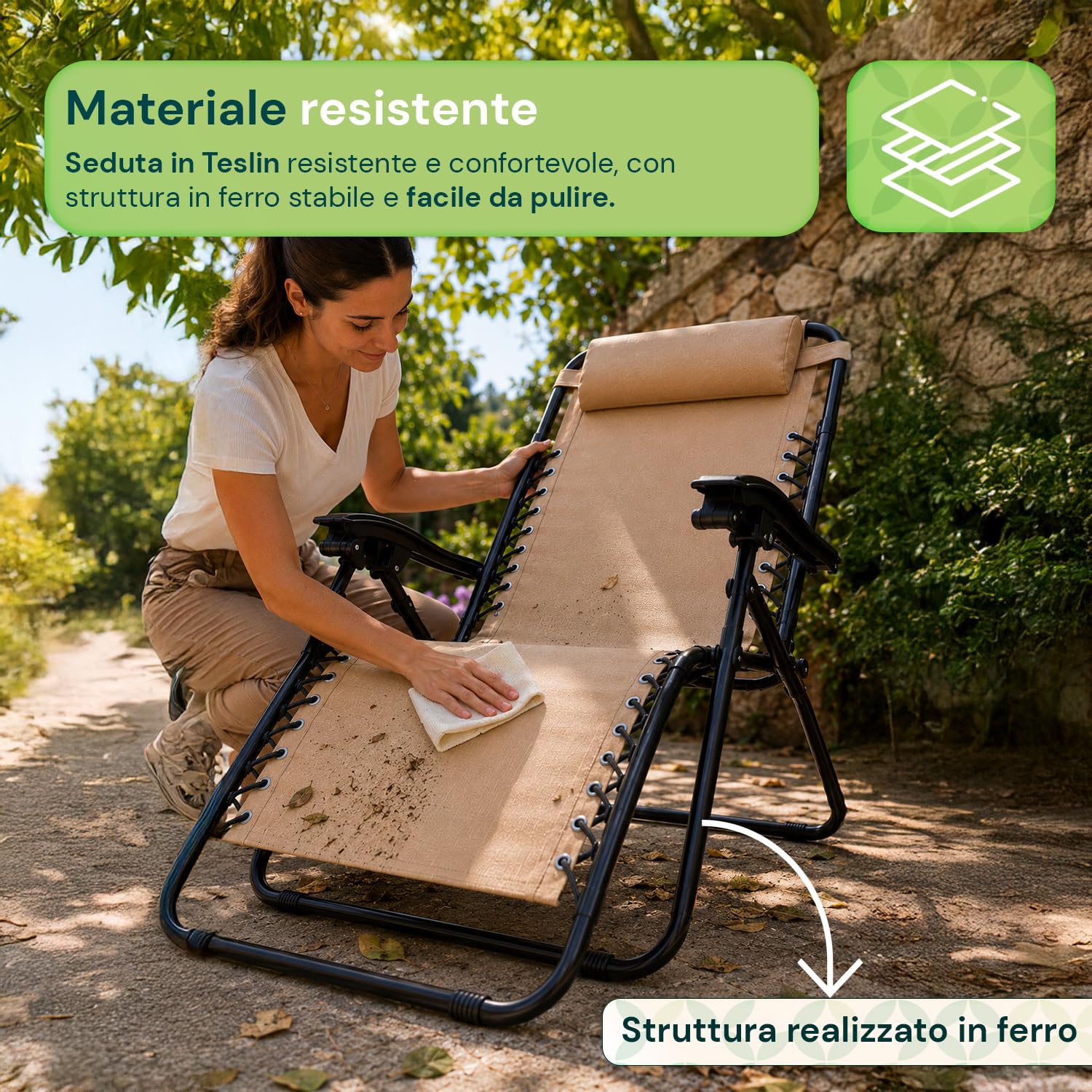Avilia - Sedia da Giardino Pieghevole con Vassoio Laterale Portabevande – Ferro, Seduta Teslin, 120 kg | Sedia Giardino Pieghevole Reclinabile, L65×P87/176×A108/80 cm, Facile da Pulire