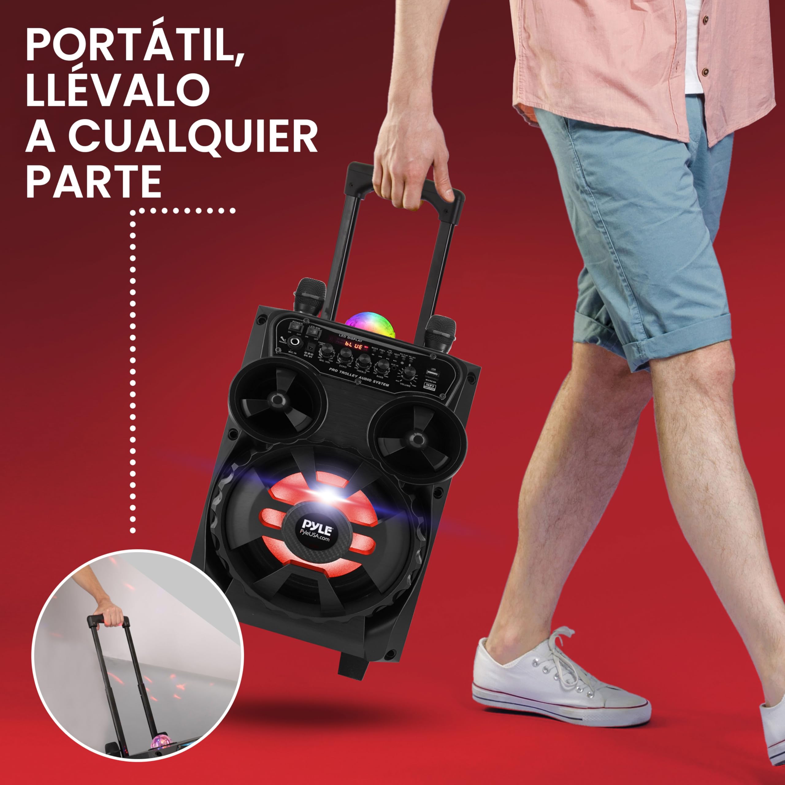 Pyle Altavoz Bluetooth Portátil, 580W, Karaoke con 2 Micrófonos Inalámbricos, Sistema PA Recargable, Luces LED, Trolley con Ruedas, USB SD FM AUX, 20 cm