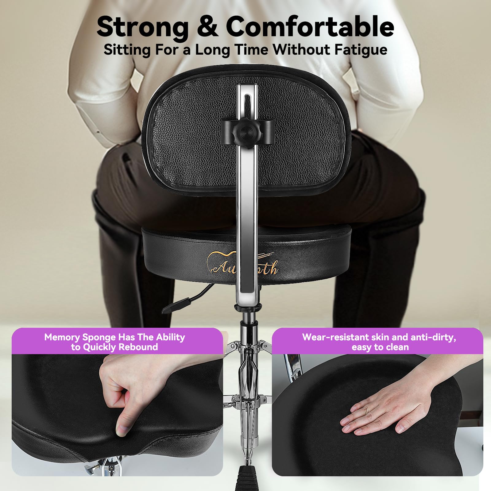 Drum Throne con schienale imbottito sedia per tamburo idraulico regolabile in altezza sgabello per batteria con bassi stabili Comodo sedile per batteria in memory foam per batteristi adulti