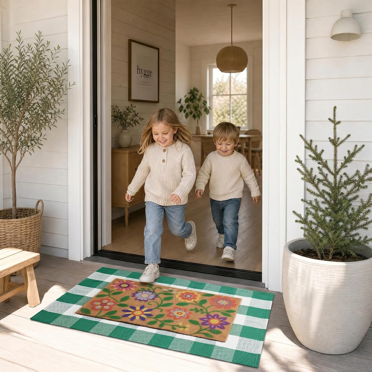 Layered Doormat Set, 27"x43" Green White Buffalo Plaid Rug and 17"x30" Floral Welcome Mat, Farmhouse Spring Front Door Mat for Entryway Porch Indoor Outdoor Decor (Flowers)