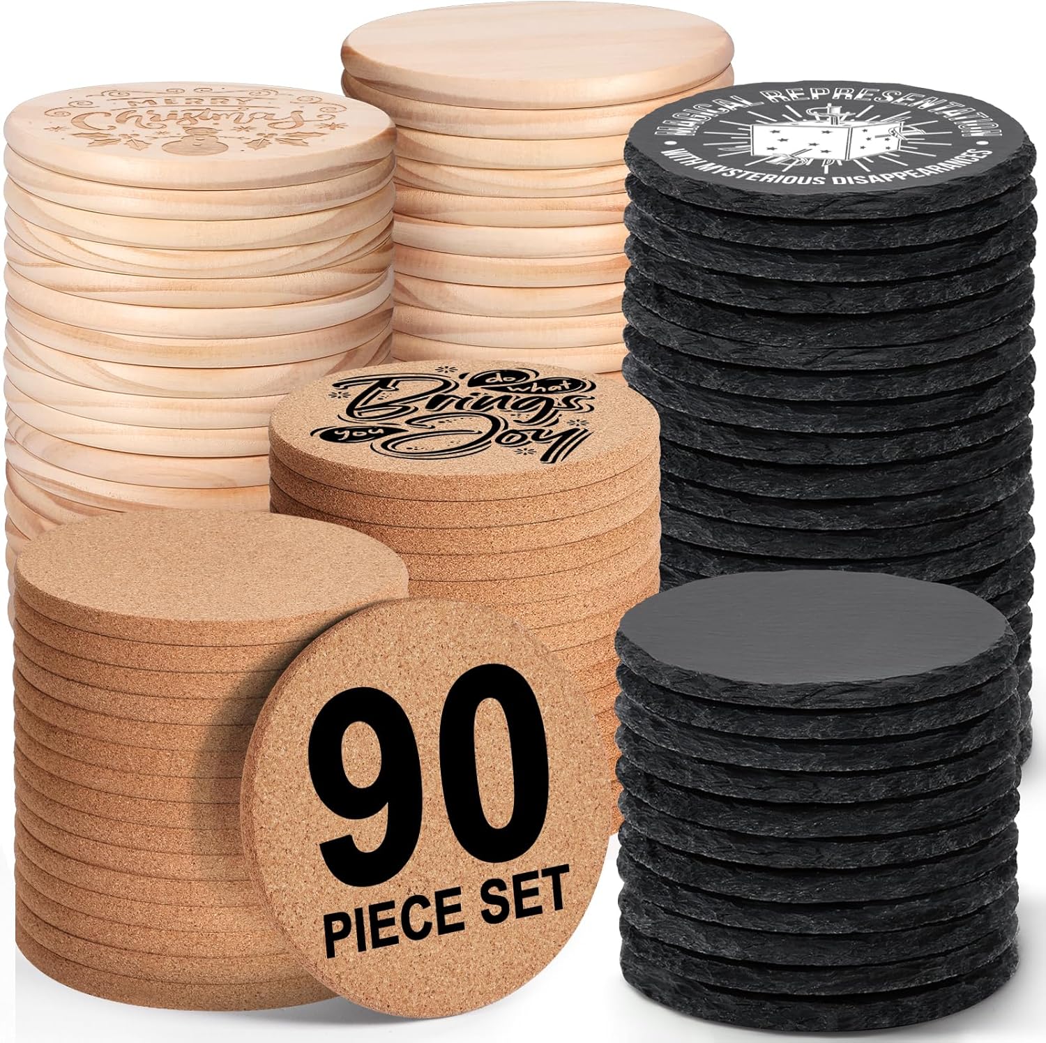 90 PCS Round Blank Coasters Bulk for Laser Engraving, MAPRIAL 4 Inch 100% Natural Black Slate Stone, Pine Wood, Cork, Engravable Materials for Engraver, Gifts, Crafts