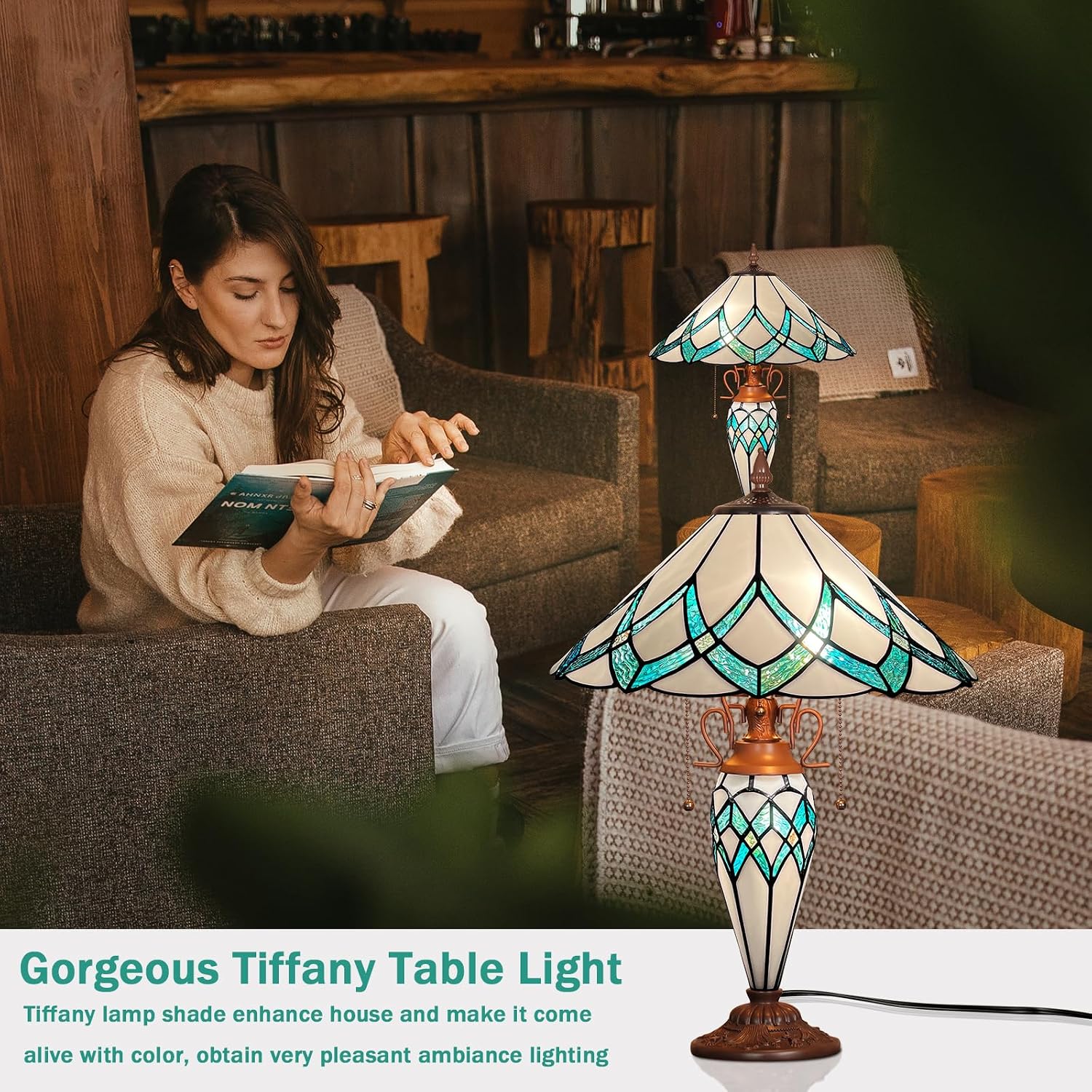 ARTZONE Tiffany Table Lamp with Nightlight [2-Lights][W16''xH24''], Tiffany Table Lights Antique Stained Glass Bedside Table Lamp for Bedside/Desk Reading/Living Room/Home Office/Bedroom