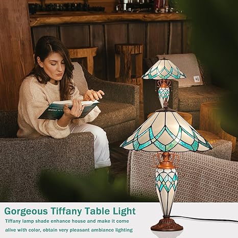 ARTZONE ARTZONE Tiffany Table Lamp with Nightlight [2-Lights][W16''xH24''], Tiffany Table Lights Antique Stained Glass Bedside Table Lamp for Bedside/Desk Reading/Living Room/Home Office/Bedroom photo 3