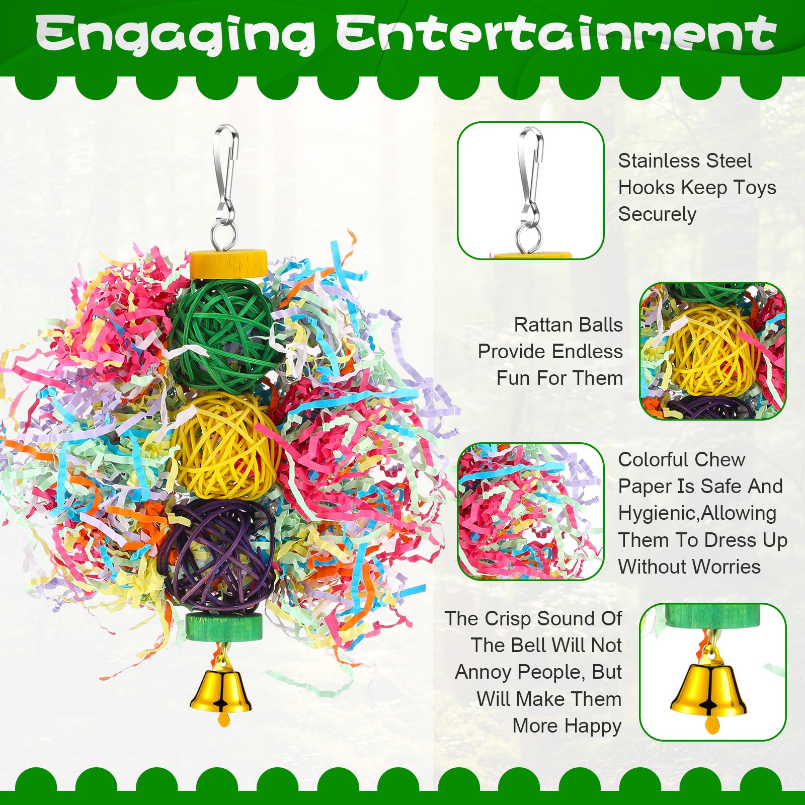 Tasdurian 6 Pcs Bird Toy Parrot Chew Toy for Large Birds Rattan Ball Crinkle Paper Bird Shredding Toys Parrots Cage Accessories with Bell for African g Parrots Cockatoos Macaws Small Medium Parrot - image 3