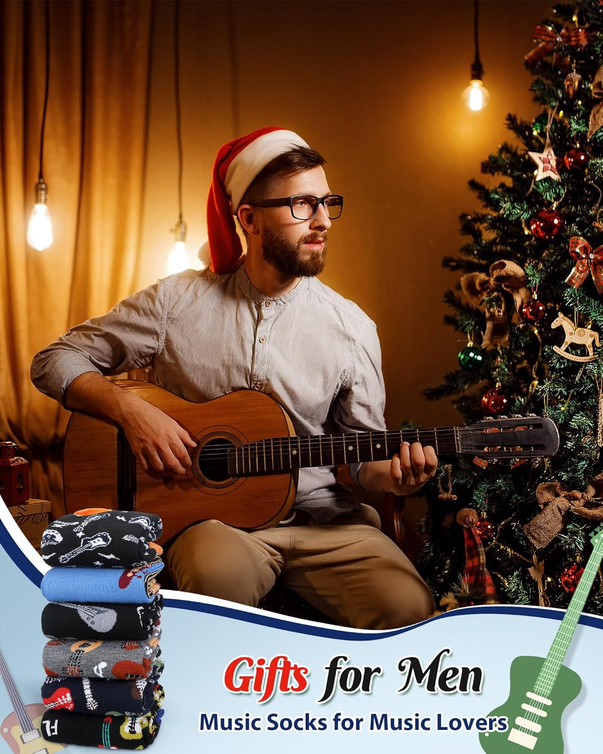 Haysandy 6 Pairs Men Music Socks Guitar Casual Dress Socks Instruments Crew Foot Cover Music Lover Gifts for Valentines - Image 2