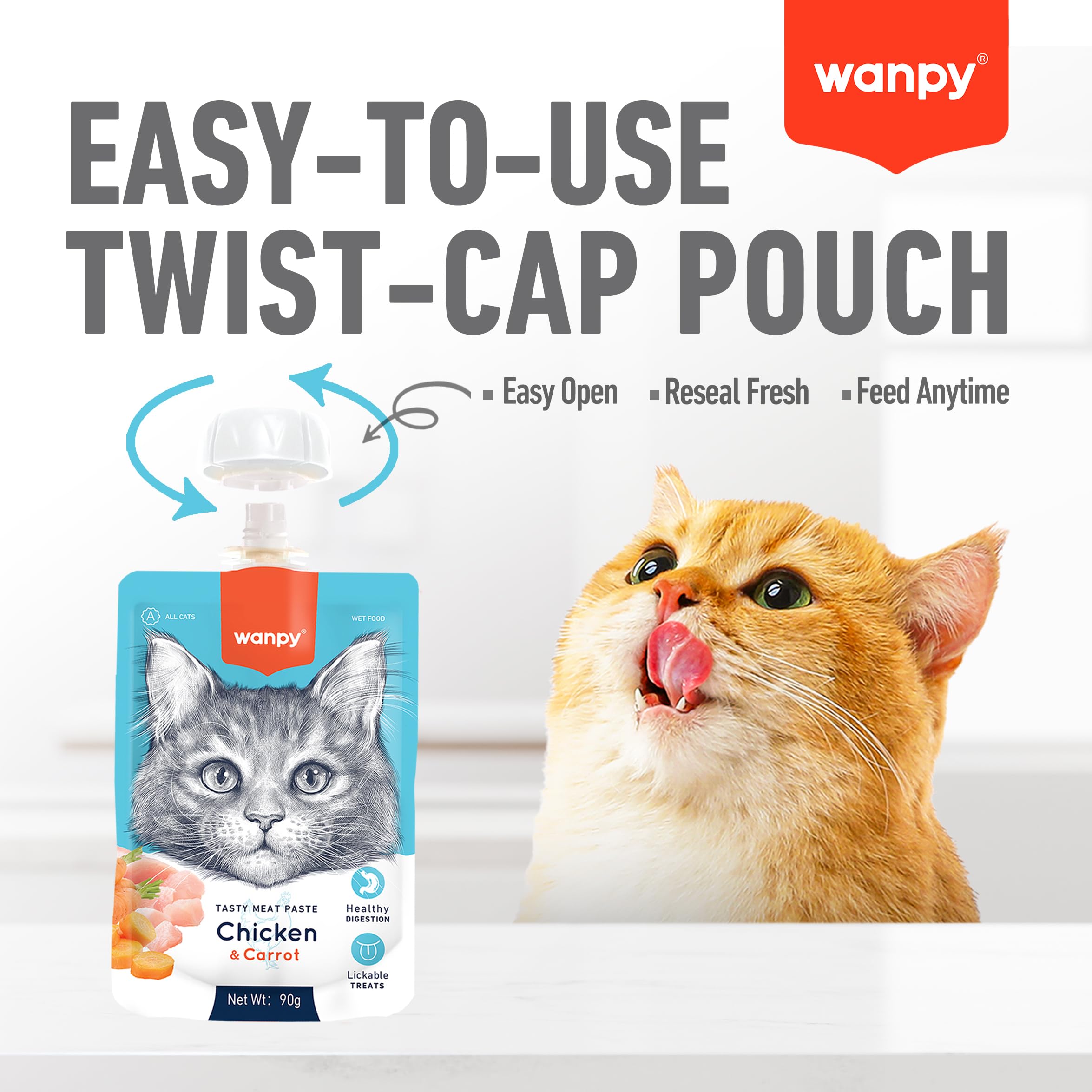 WANPY Premium Lickable Creamy Meat Paste Cat Treats with Chicken & Carrot Flavours, 90 Gm, (Pack of 4),All Life Stages 2