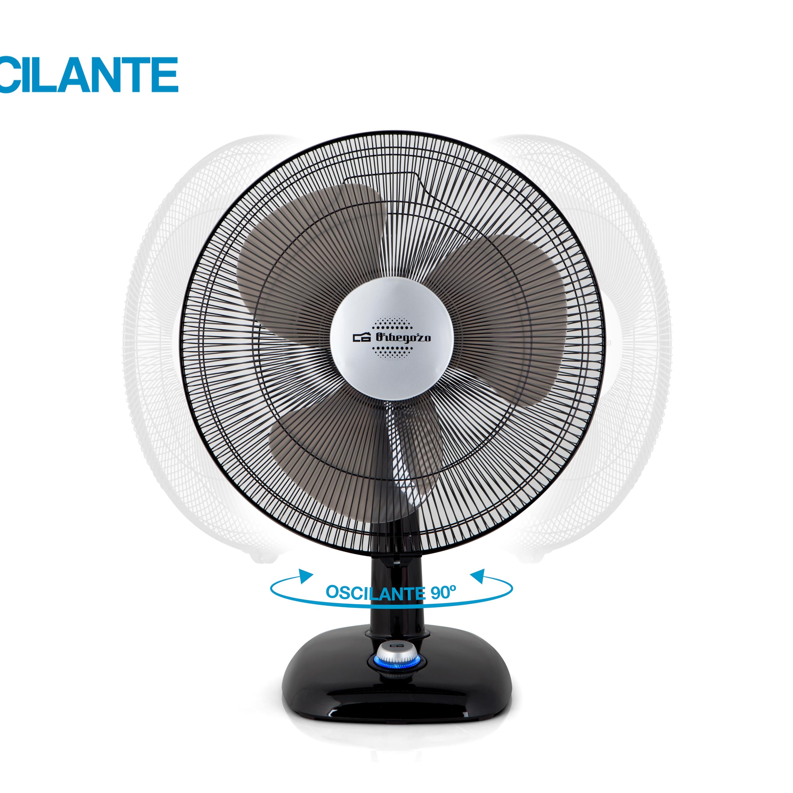 Orbegozo TF 0124 - Ventilateur de table, oscillant, 2 vitesses, hélices de 23 cm de diamètre, poignée, 25 W, témoin lumineux à LED, noir