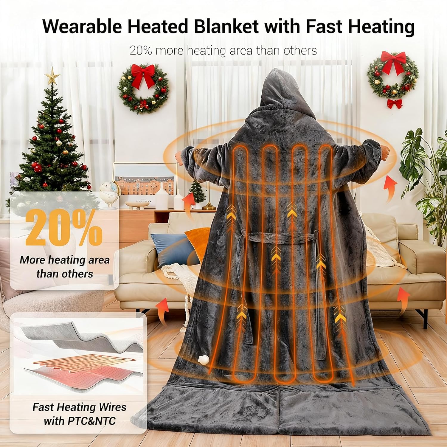 Wearable Heated Blanket for Women with Removable FootPocket,Electric Snuggle Heated Blankets Hoodie with Sleeves Heated Robe Flannel & Sherpa Heating Throw Blanket Shawl with 9 Temp for Winter 50"x80" - Image 3