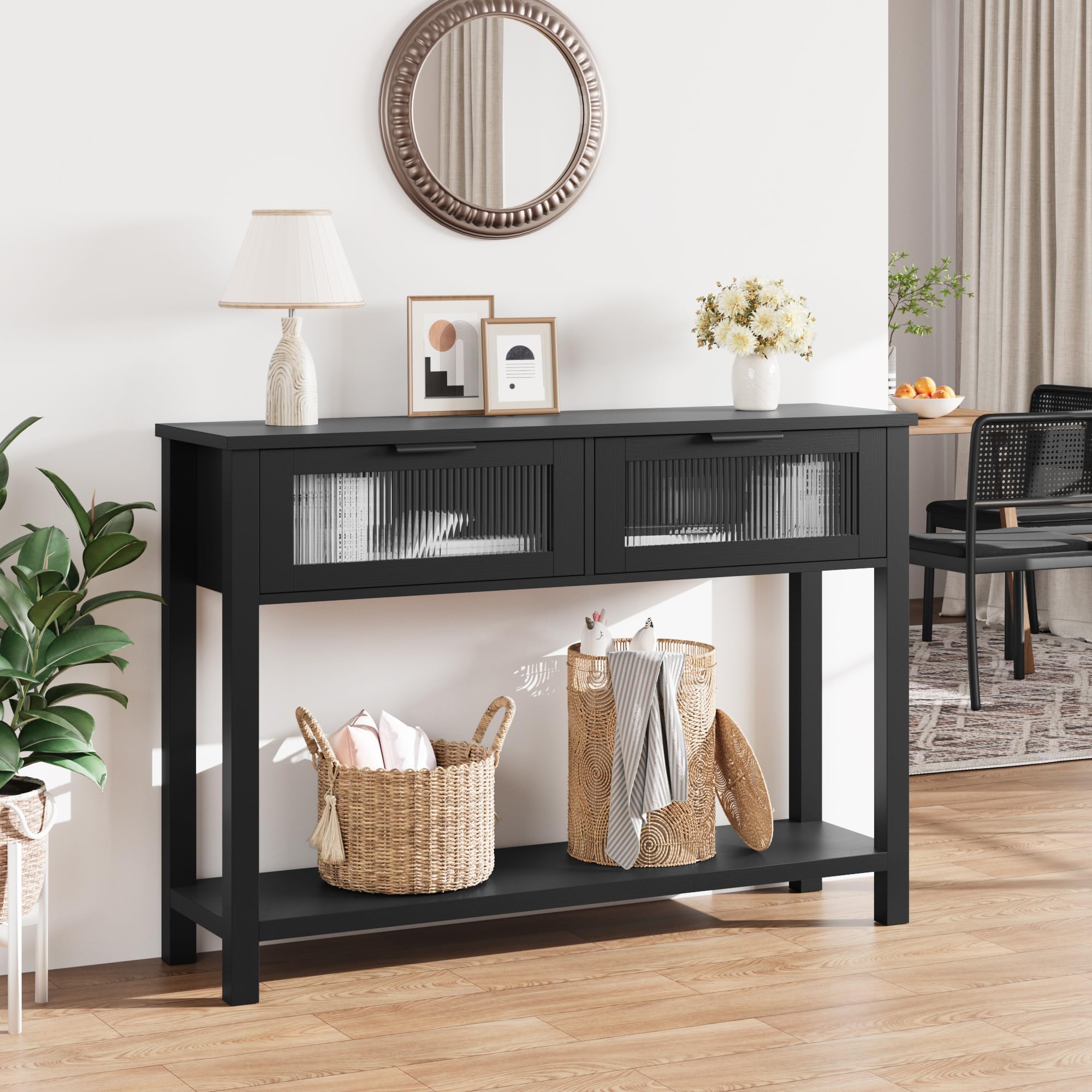 Drewniany stół konsolowy z 2 szufladami, wąski stół wejściowy z 2 poziomami, mebel do przedpokoju z 4 drewnianymi nogami, skandynawski stolik pomocniczy/stolik przy kanapie do przedpokoju, sypialni
