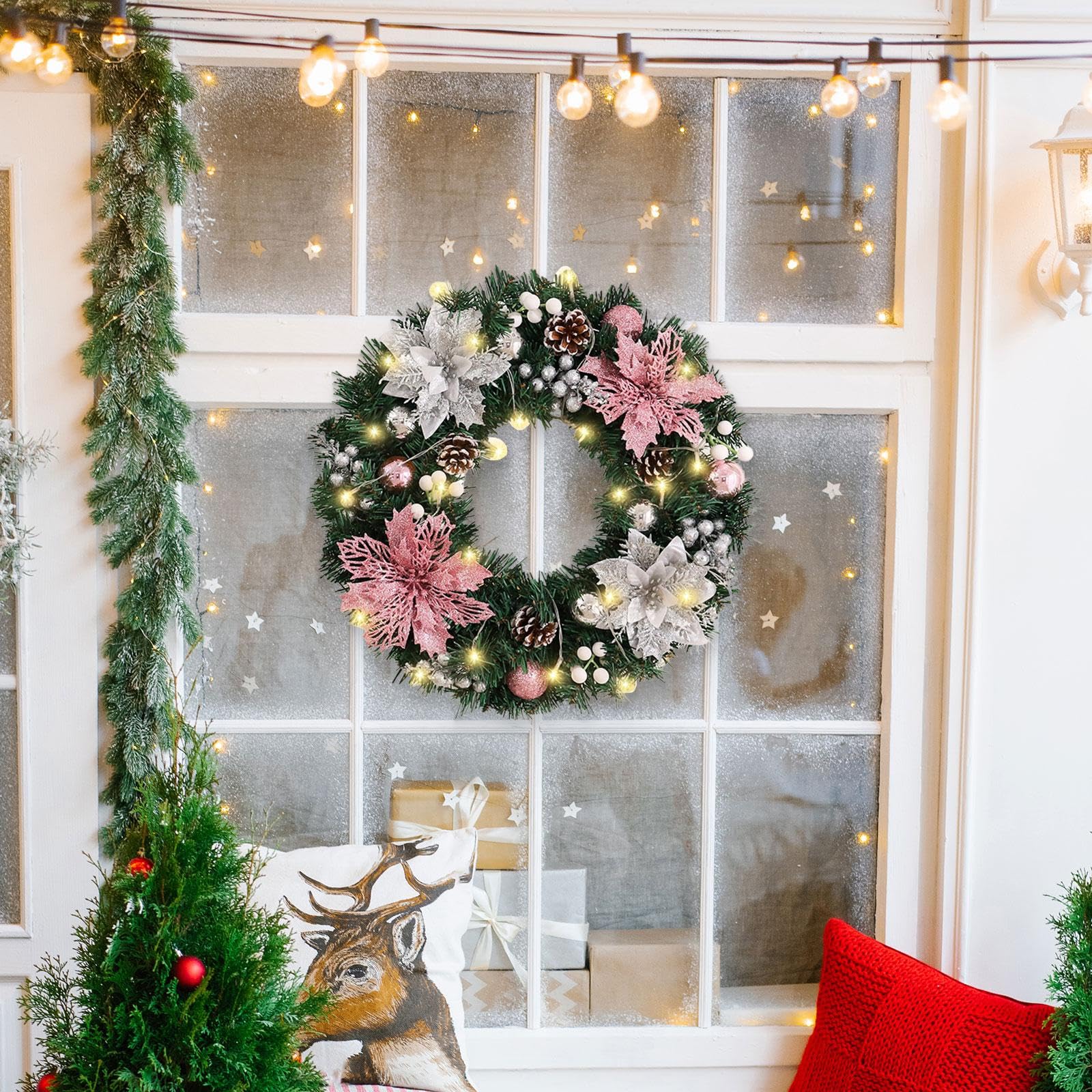 Couronne de Noël Lumineuse à Suspendre, Ornements de Fond pour Intérieur et Extérieur, Collection, Guirlande Artificielle, 50cm