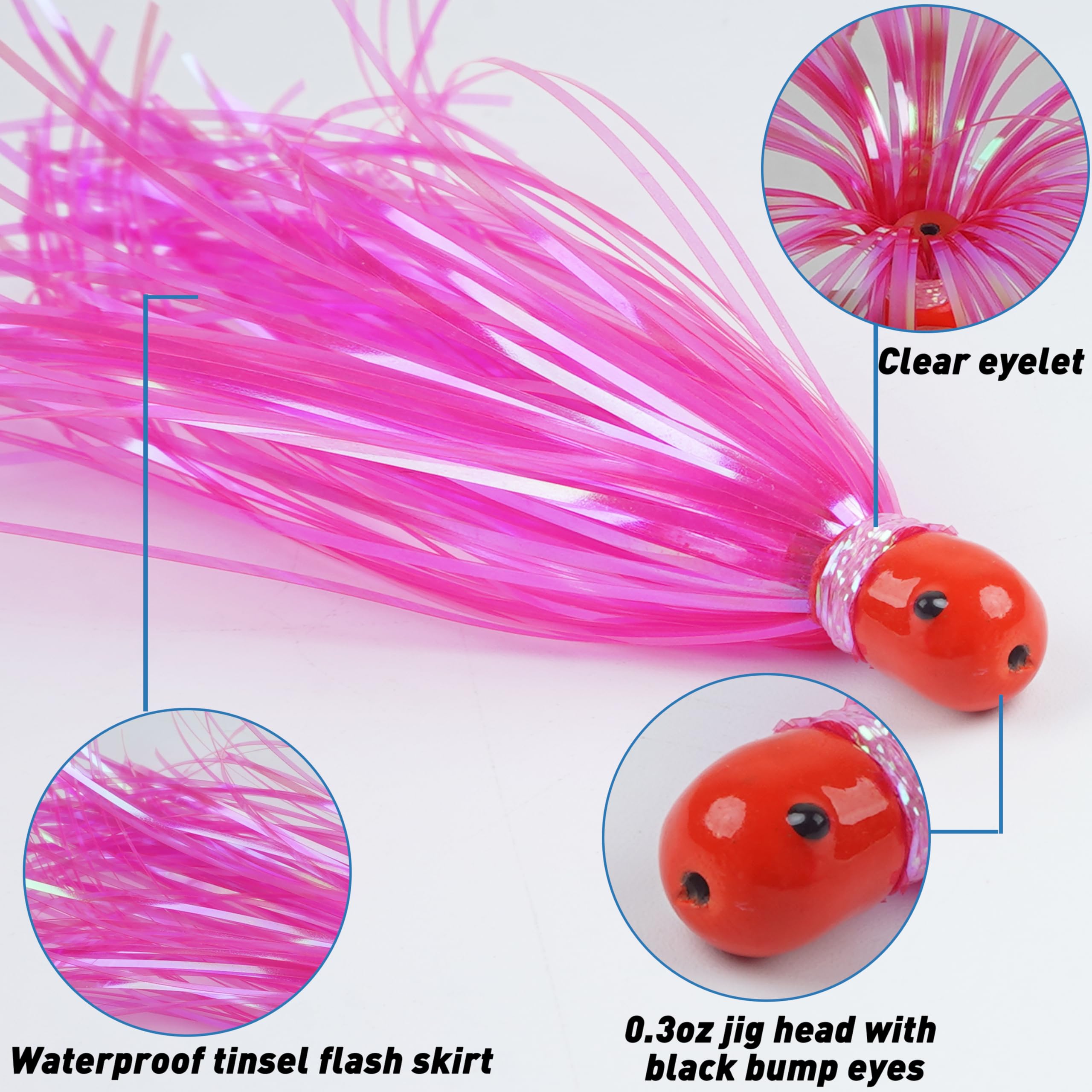 Mylar Flash Teaser Tail Mylar Strips Fishing Teasers Mylar Fishing Skirts Weighted Jig Heads Fishing Bait Bullet Sinker Head 0.35 Ounce with Mylar Flash Skirts Hair 8pcs/Pack