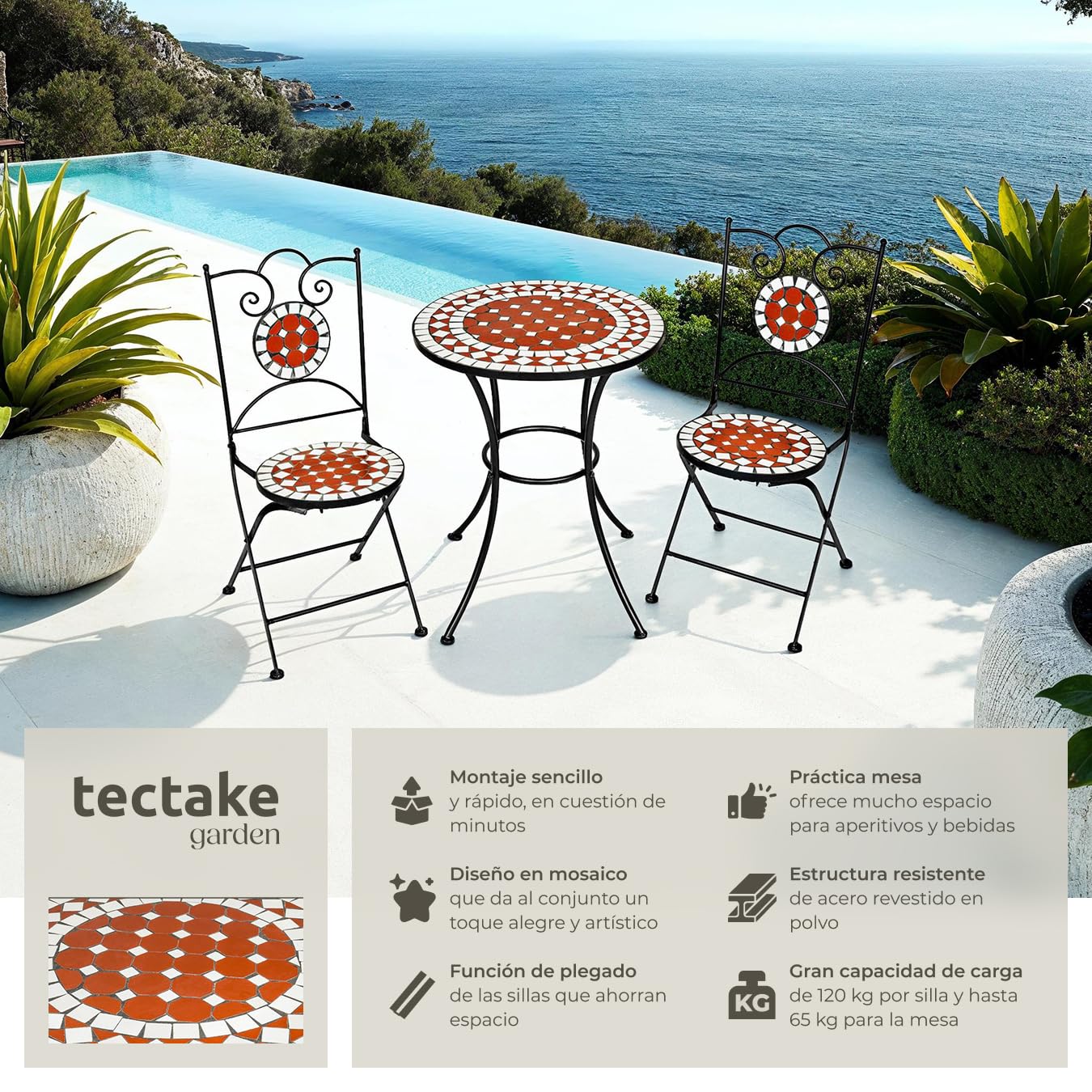 tectake® Conjunto Muebles Jardín Exterior de Metal y Cerámica, 1 Mesa y 2 Sillas Plegables, Muebles Terraza Impermeables y Resistentes a Intemperie, Gran Capacidad de Carga, Fácil Limpieza - marrón