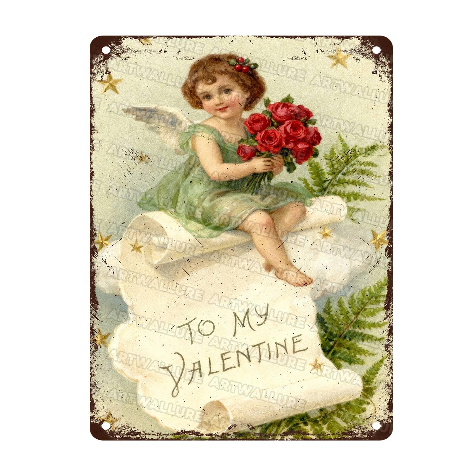 German Valentine Postcard Metal Sign Cupid Cherub Sitting On Heart Sign Vintage European Style Wall Art For Home Cafe Bar Decor 12x16Inch