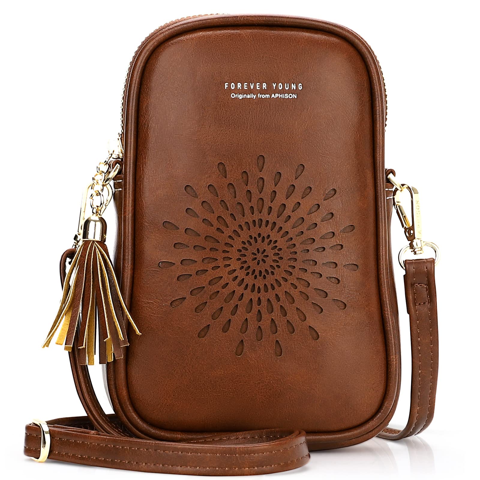 APHISON Cell Phone Purse Crossbody for Women, Sunflower Leather Phone Crossbody Bags for Women, Cute Phone Bag for Teen Girls with Tassel Adjustable Long Strap Coffee