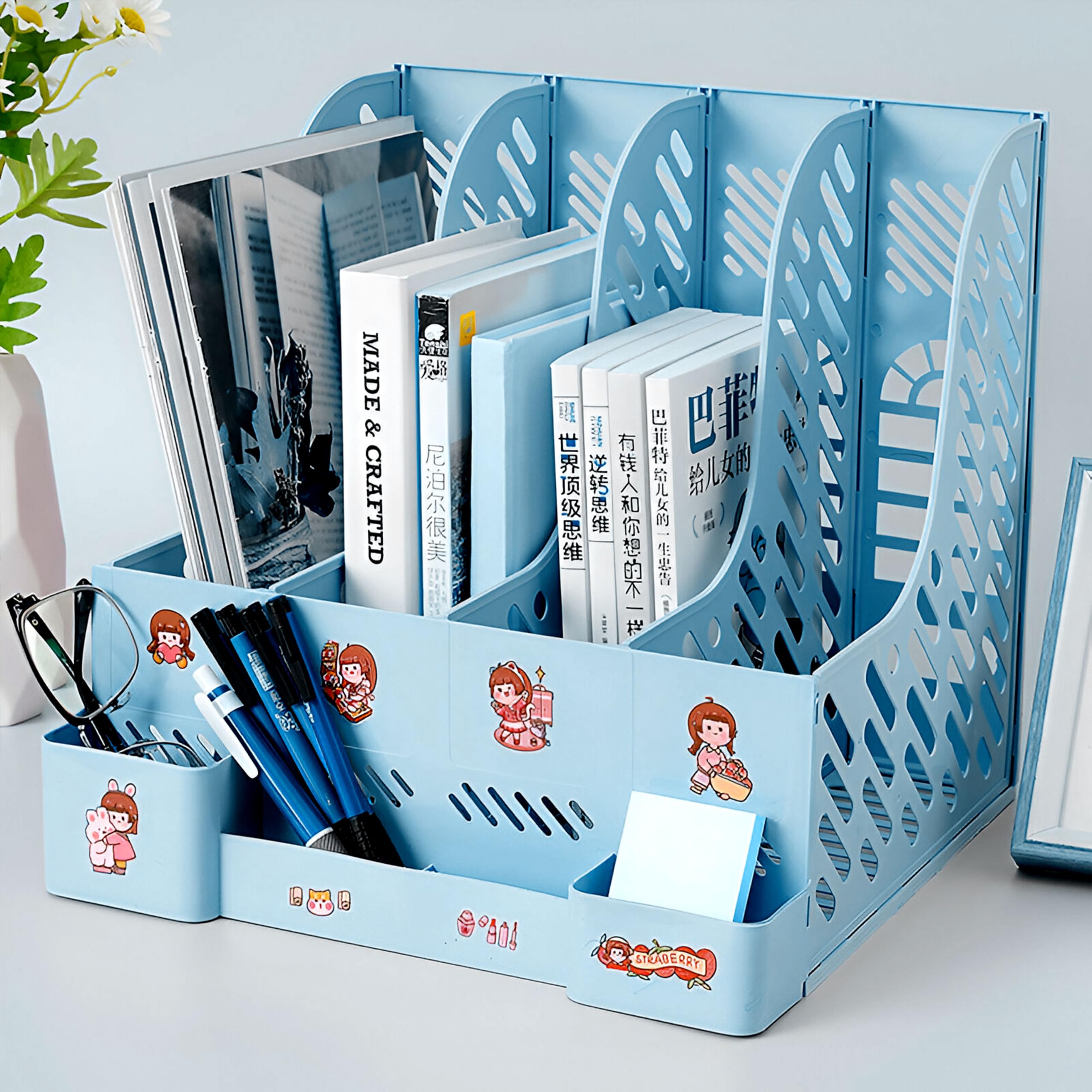 DaKos Portarotolo in plastica a 4 scomparti, organizer da scrivania, organizer per lettere con portapenne, portariviste e libri (celeste)