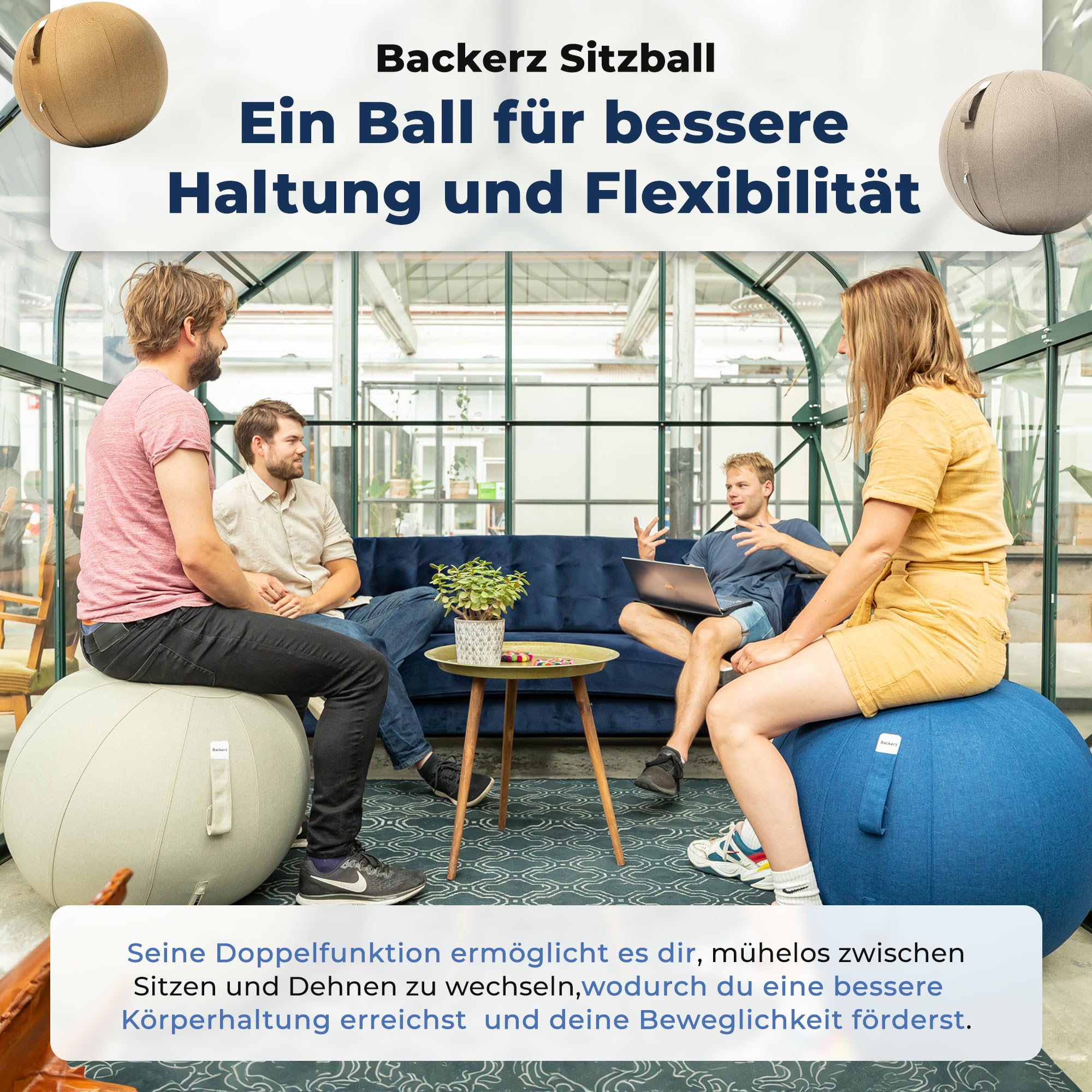 Backerz Sitzball Büro Ergonomisch 75 cm, Ergonomische Sitzmöbel für Büro und Heimbüro, Langlebiger Stoff, Gymnastikball - Fitness-Ball, Ballstuhl mit Ballauflage - Waschbarer Leinenbezug - Hellgrau