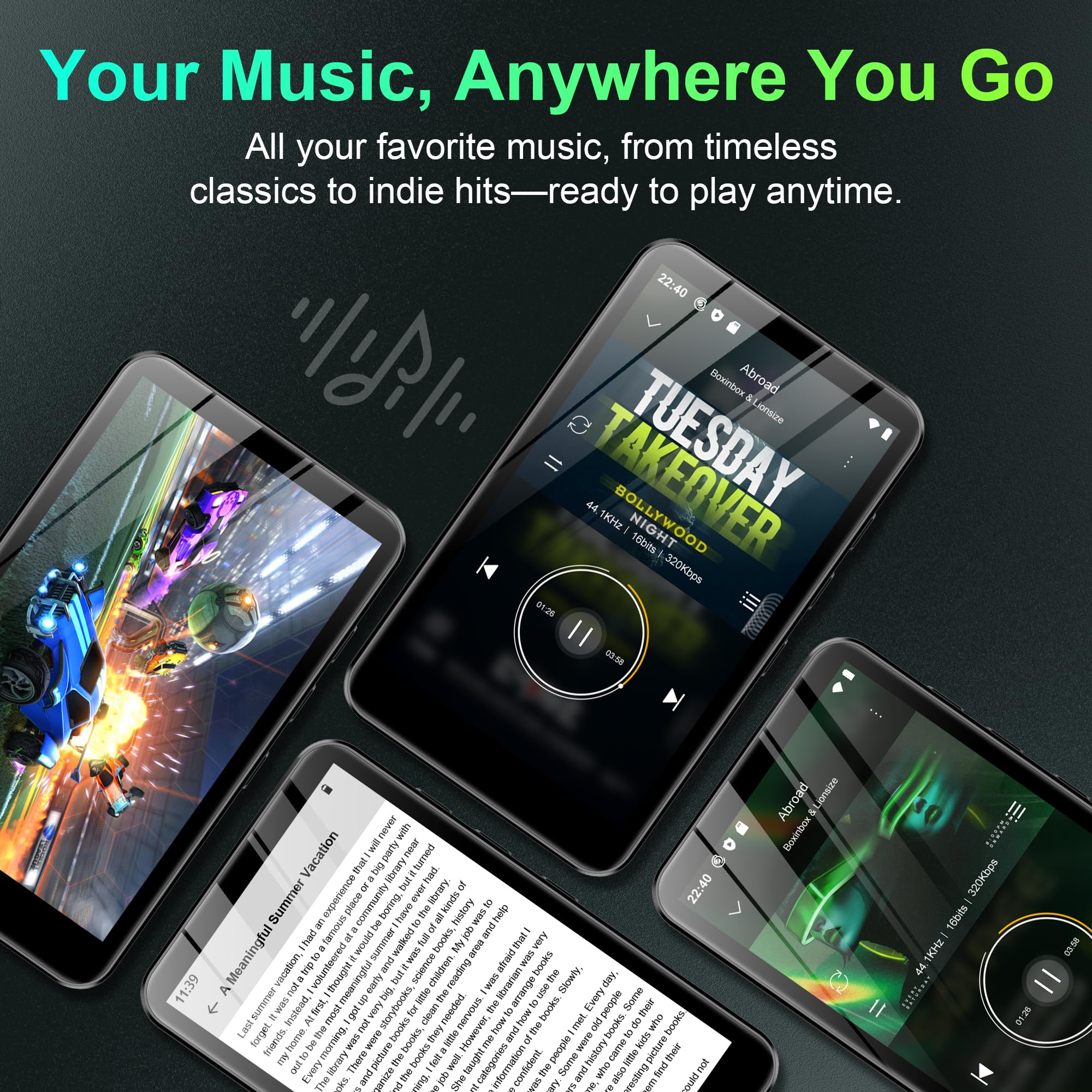 SWOFY D08 Android 13 MP3 Player 32GB, 4 Zoll Touchscreen mit Bluetooth & WiFi, Unterstützt Spotify, Audible, Play Store & FM Radio, Erweiterbar bis 1TB, für Unterwegs