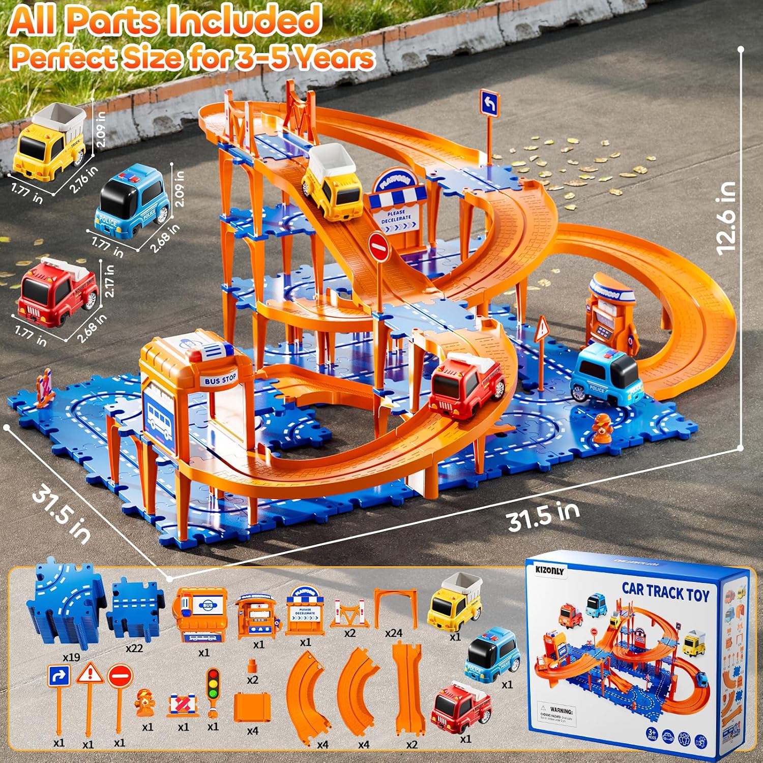 Puzzle Racer Kids Car Track Set, 4-Tier Race Tracks for Kids Ages 3-5 with 3 Cars, Traffic Parts, Trucks for Toddlers 2-4 Years, Floor Puzzle Tracks Car Gift for Boys Girls 3 4 5 Year Old