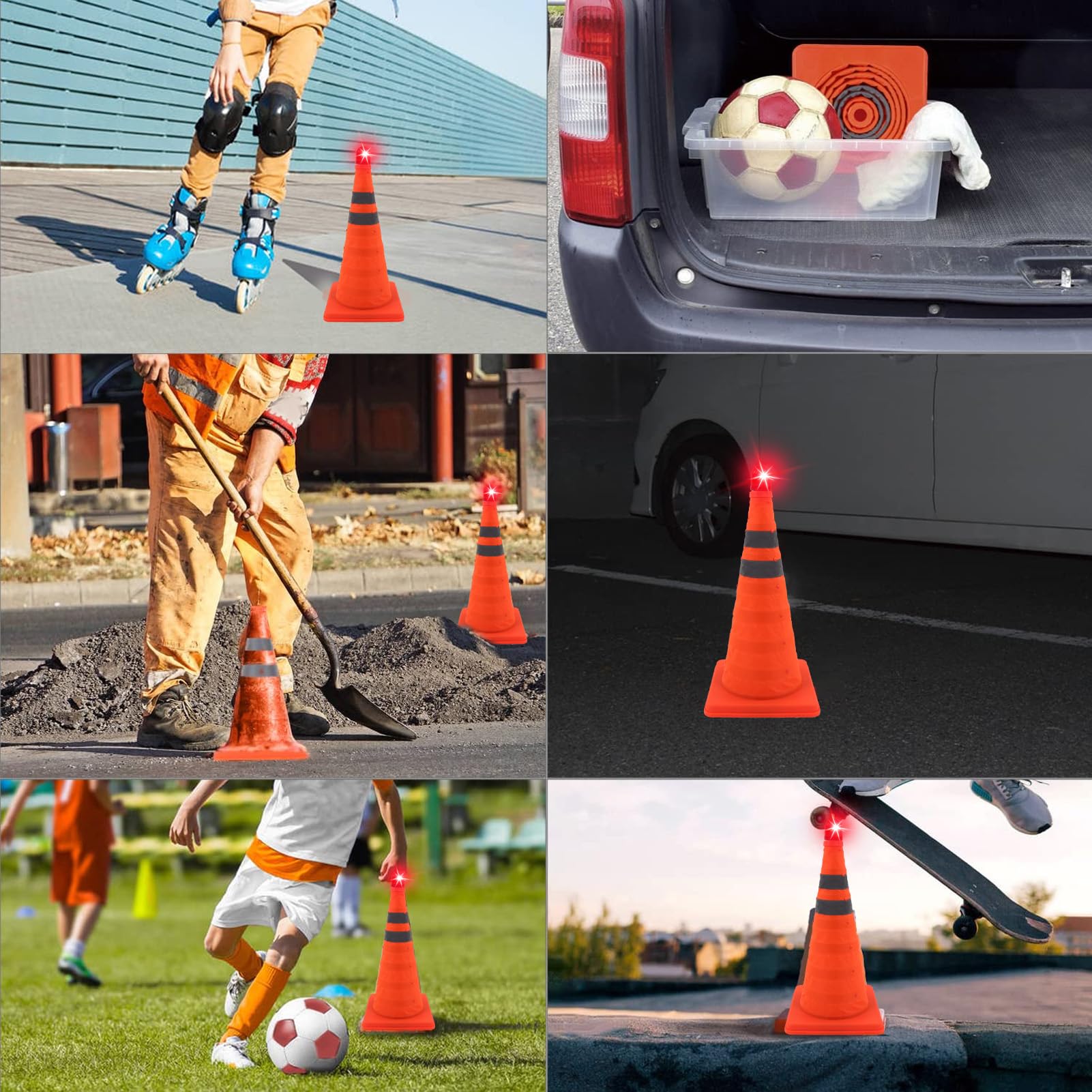 Cono de Tráfico Plegable, Cono de Seguridad Reflectante Naranja con Luz LED para Entrenamiento de Conducción en Estacionamiento en Carretera, Base Plegable de 18 Pulgadas de y
